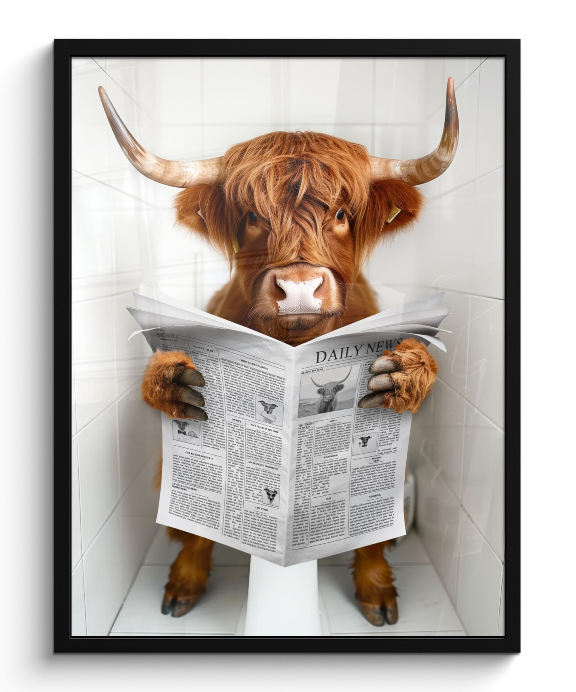 GERAHMTES BILD Schottisches Hochlandrind - Tier - Zeitung - Toilette 60x80 cm - Kastanienfarben, Papier (60/80cm) - MuchoWow