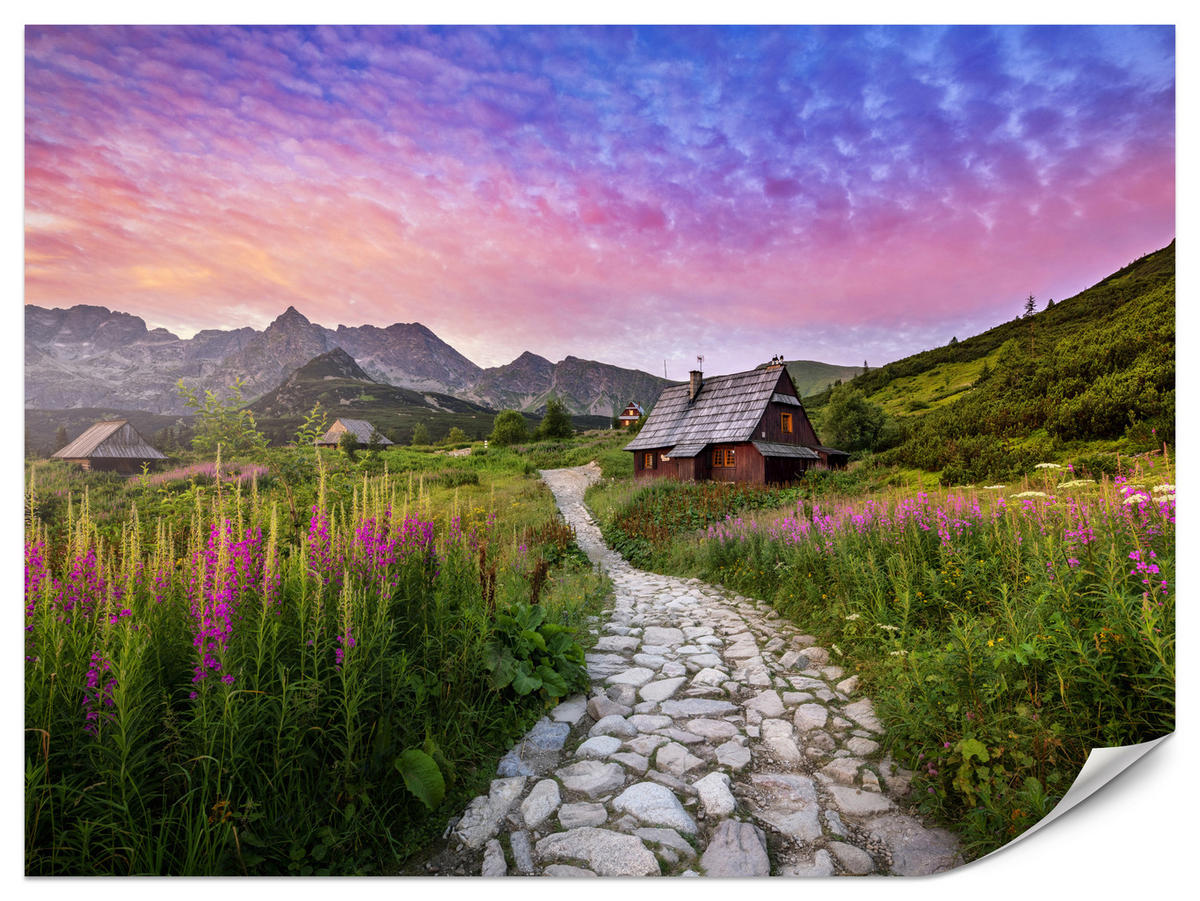 FOTOTAPETE für Schlafzimmer Berglandschaft Holzchalet Natur 150x105 - Beige/Violett, Papier (150/105cm) - Muralo