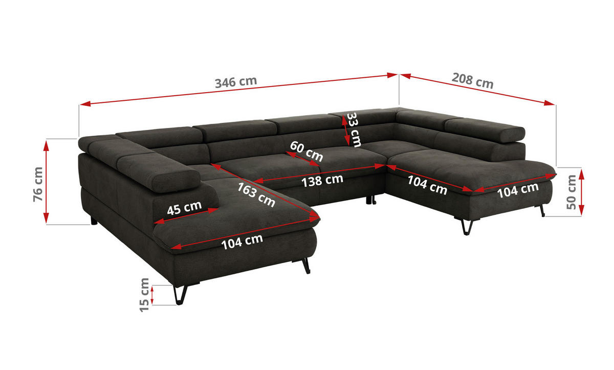 WOHNLANDSCHAFT PABLO U Velvet Dunkelgrau mit Topper T25 - Dunkelgrau/Schwarz, Textil/Metall (346/76/208cm) - MKS