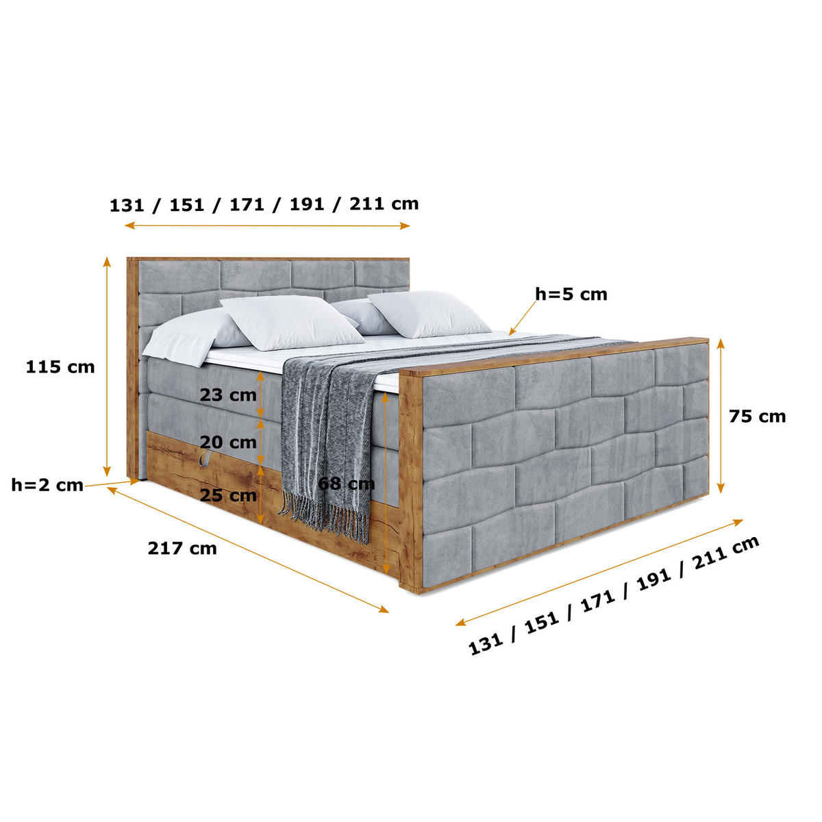 BOXSPRINGBETT mit Matratze H3|H4 und Lattenrost - LOLLI8-Z KING-160x200 - Grau Casablanca - Grau, Holzwerkstoff (160/200cm) - ALTDECOR
