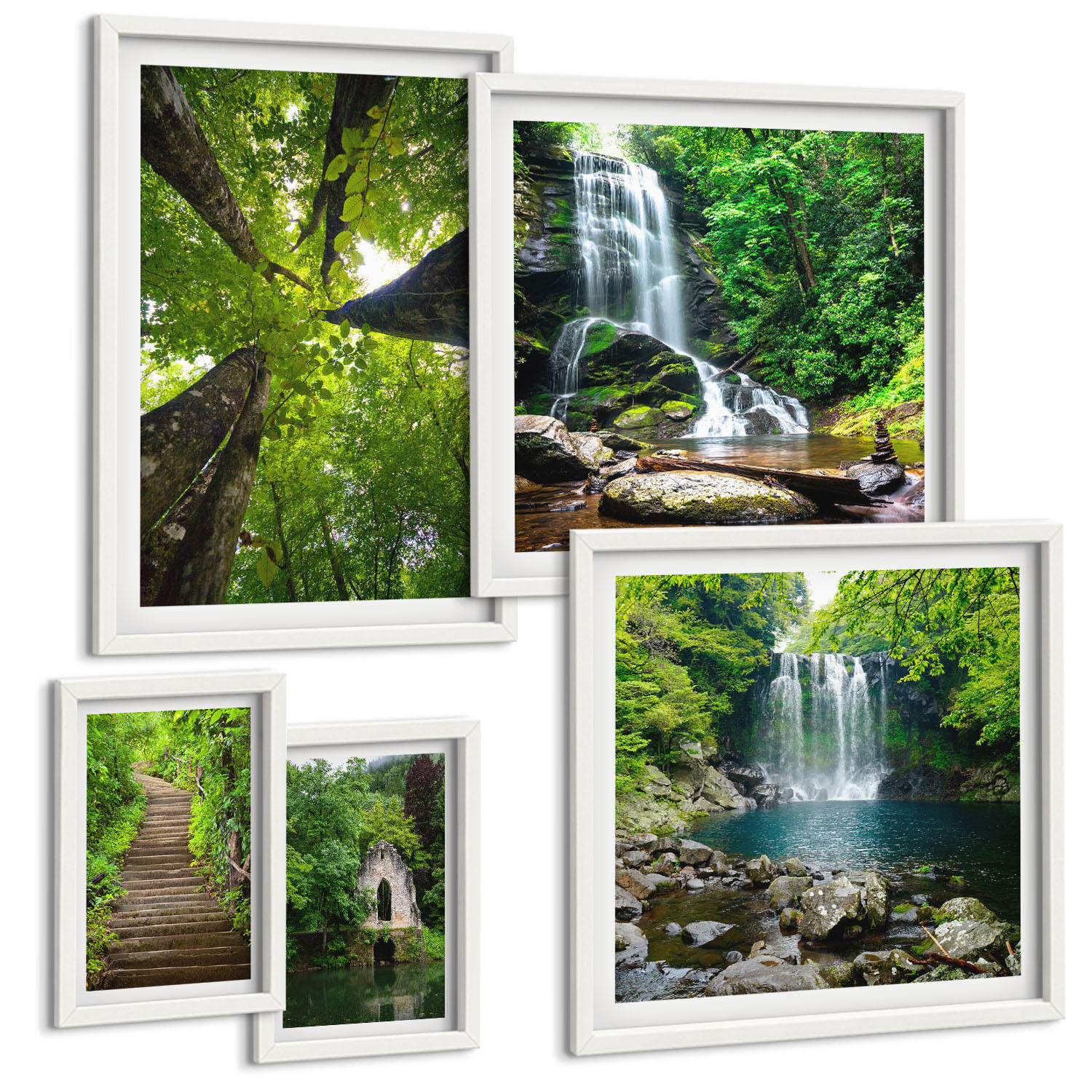 BILDER SET 5er Set - 50x50 cm & 20x30 cm & 40x60 cm Weißer Rahmen - Denkmäler Europas in warmen Farben - Weiß, Kunststoff (40/60cm) - TULUP