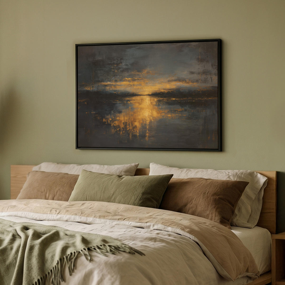 LEINWAND Bilder mit Rahmen - Goldene Reflexion auf dem Wasser - 70x50 - Anthrazit, Textil (70/50cm) - MuchoWow