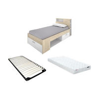 BETT mit Kopfteil, Stauraum & Schublade + Matratze + Lattenrost - 90 x 190 cm - Weiß & Naturfarben - LEANDRE - Naturfarben, Holz (99.5/218.5cm) - Vente-Unique