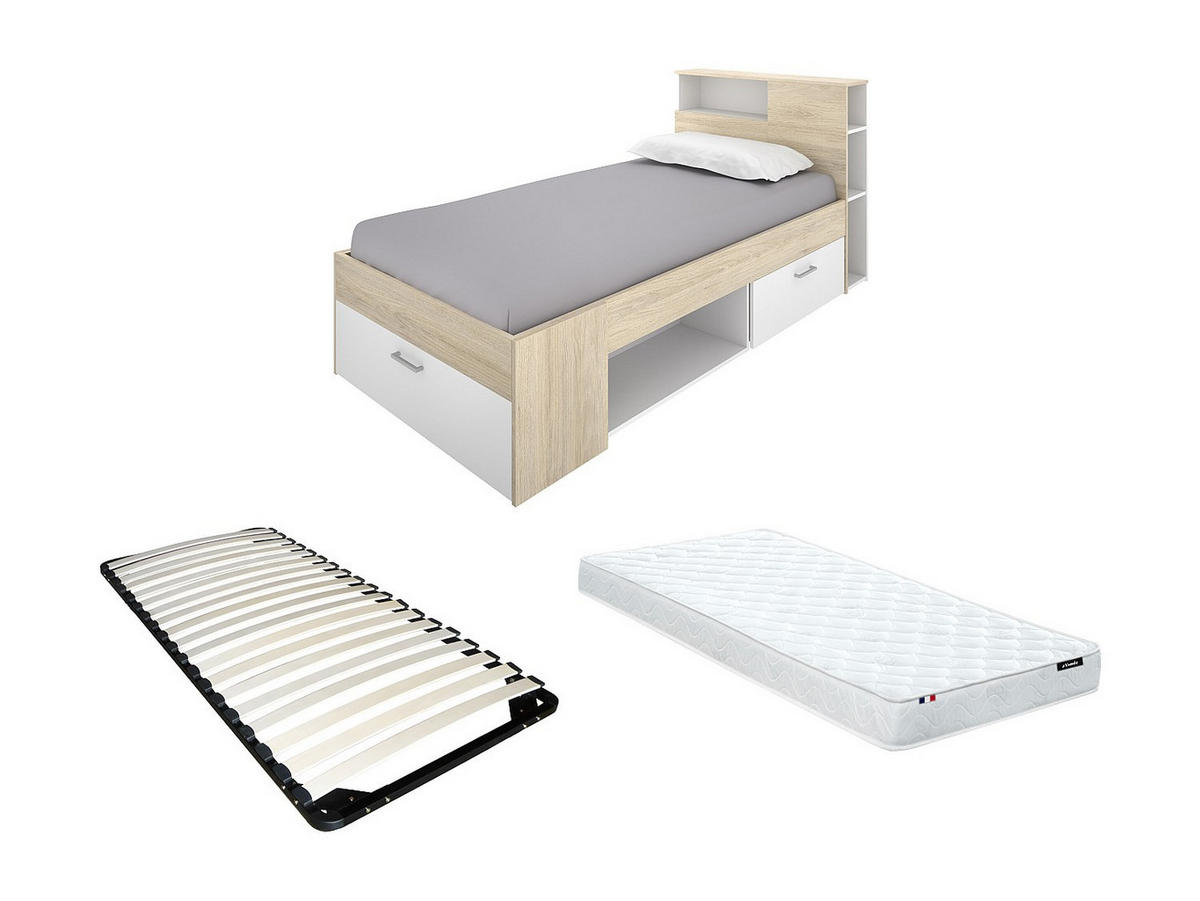 BETT mit Kopfteil, Stauraum & Schublade + Matratze + Lattenrost - 90 x 190 cm - Weiß & Naturfarben - LEANDRE - Naturfarben, Holz (99.5/218.5cm) - Vente-Unique