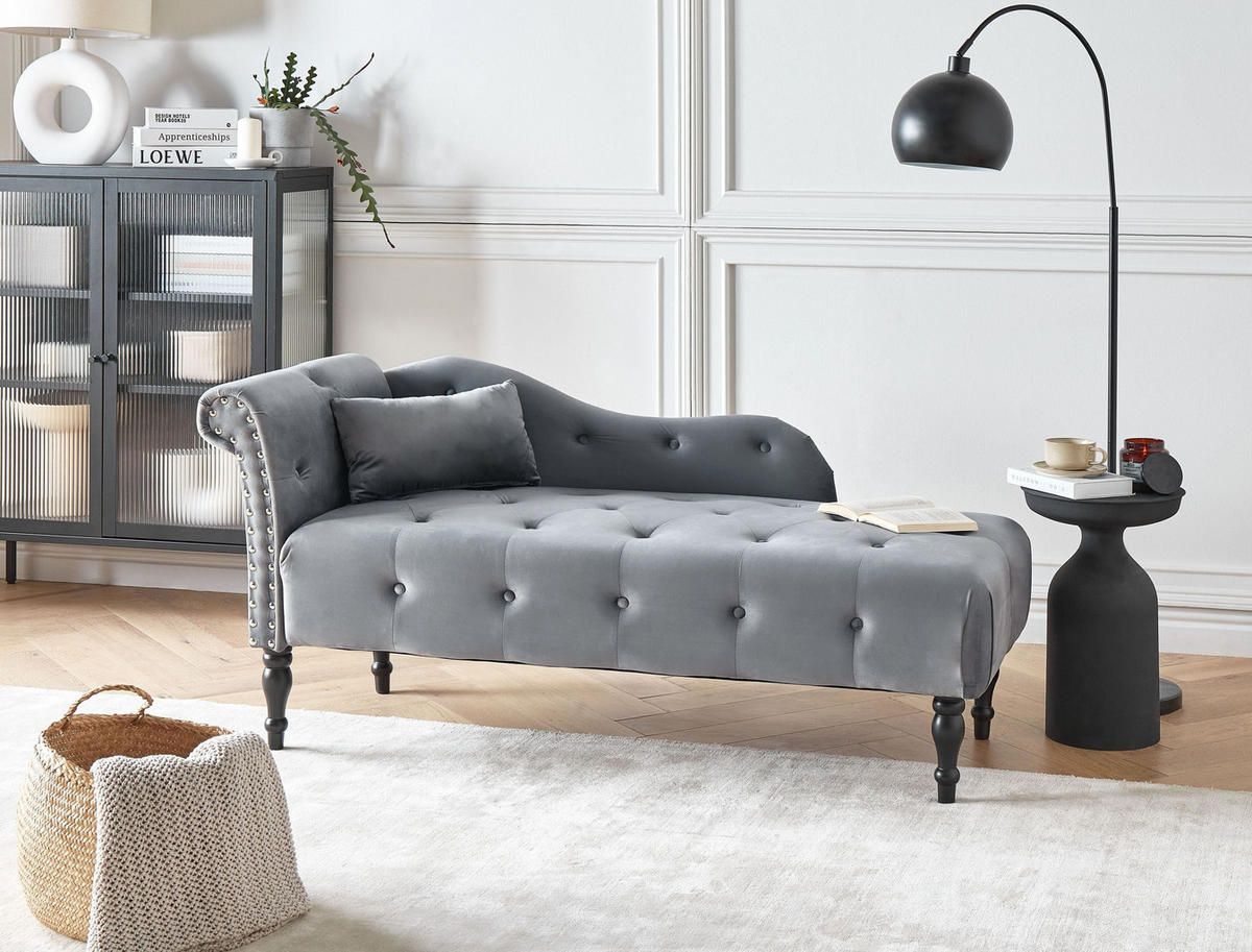 ČALOUNĚNÉ LEHÁTKO CHAISE LONGUE LEVOSTRANNÉ Sametová látka Šedé Ivry - černá/tmavě šedá, textil (152/72/62cm) - Beliani