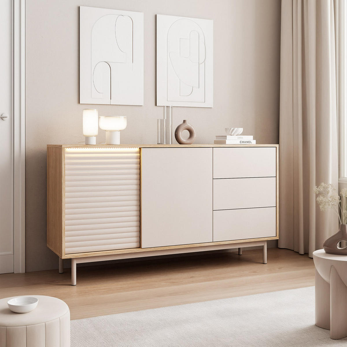 KOMMODE LUSSO 140 cm, 4 Schublade(n) Eiche / Kaschmir - Eichefarben, Holzwerkstoff (140/77/40cm) - Idohome
