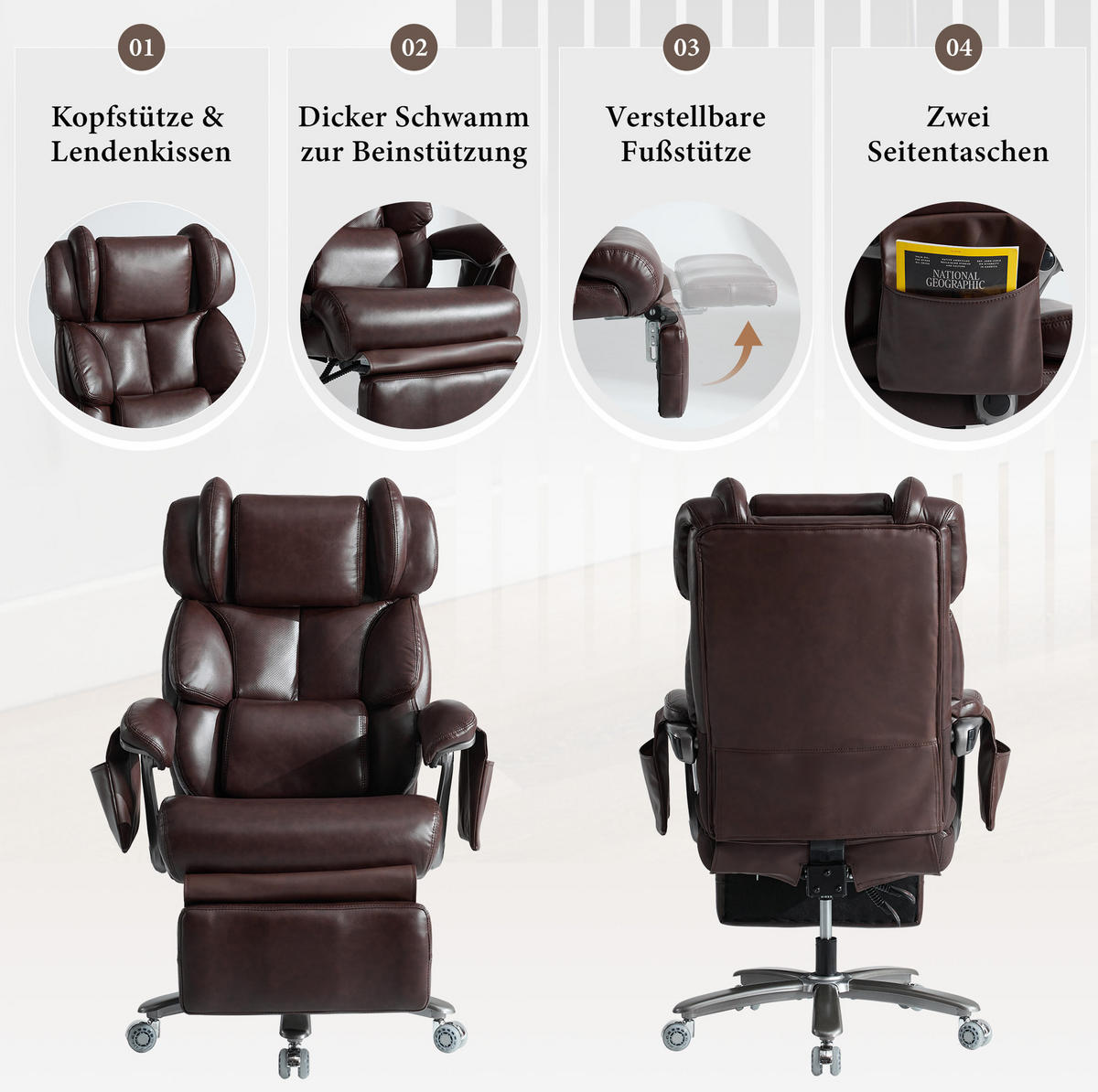 BÜROSTUHL mit Massage- und Heizfunktion PU-Leder Brown - Braun, Kunststoff (76.5/121.5/85.5cm) - Meubliv