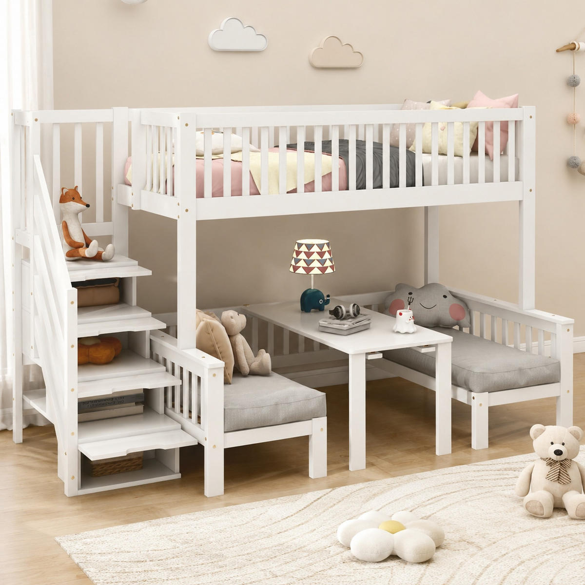 HOCHBETT 90/200+120/200 mit Klapptisch, Stauraumtreppe und Geländer in Weiß - Weiß, Holzwerkstoff (90/200cm) - EVRYAE