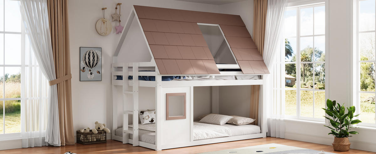 ETAGENBETT 140/200 cm in Weiß & Braun mit Leiter und Dach im Hausbett-Design - Weiß/Braun, Holzwerkstoff (140/200cm) - STILVORA