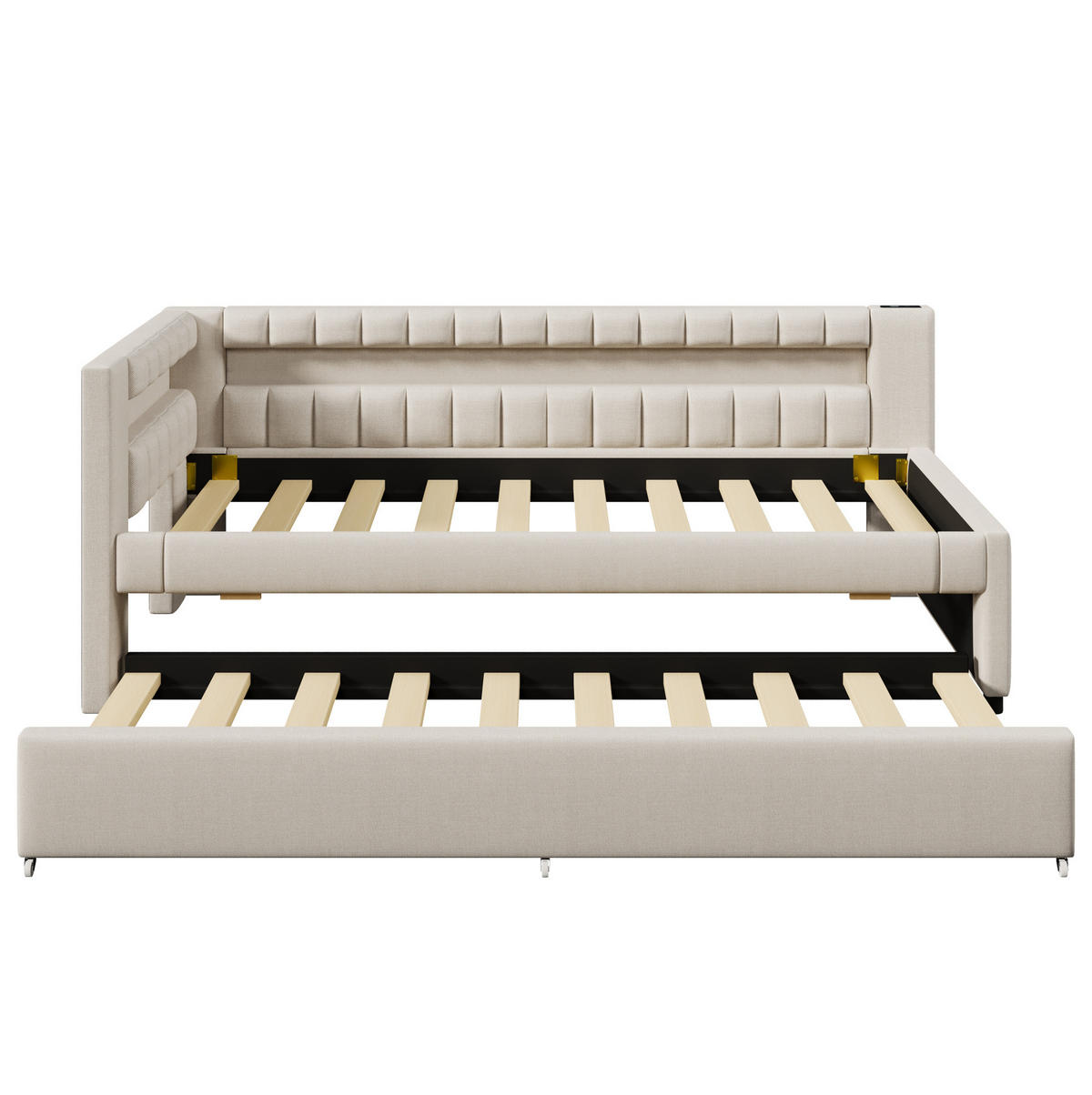 POLSTERBETT mit LED-Beleuchtung 90/200 cm mit Ausziehbett und USB/Type-C - Beige, Textil (90/200cm) - BEAOK