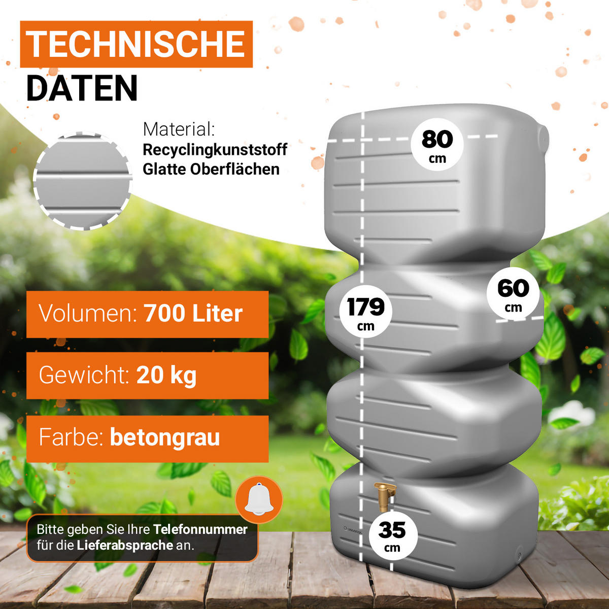 REGENTONNE Komplett-Set 700 L, betongrau inkl. Kunststoff-Auslaufhahn und Fallrohranschluss - Grau, Kunststoff (60/179/80cm) - GARANTIA