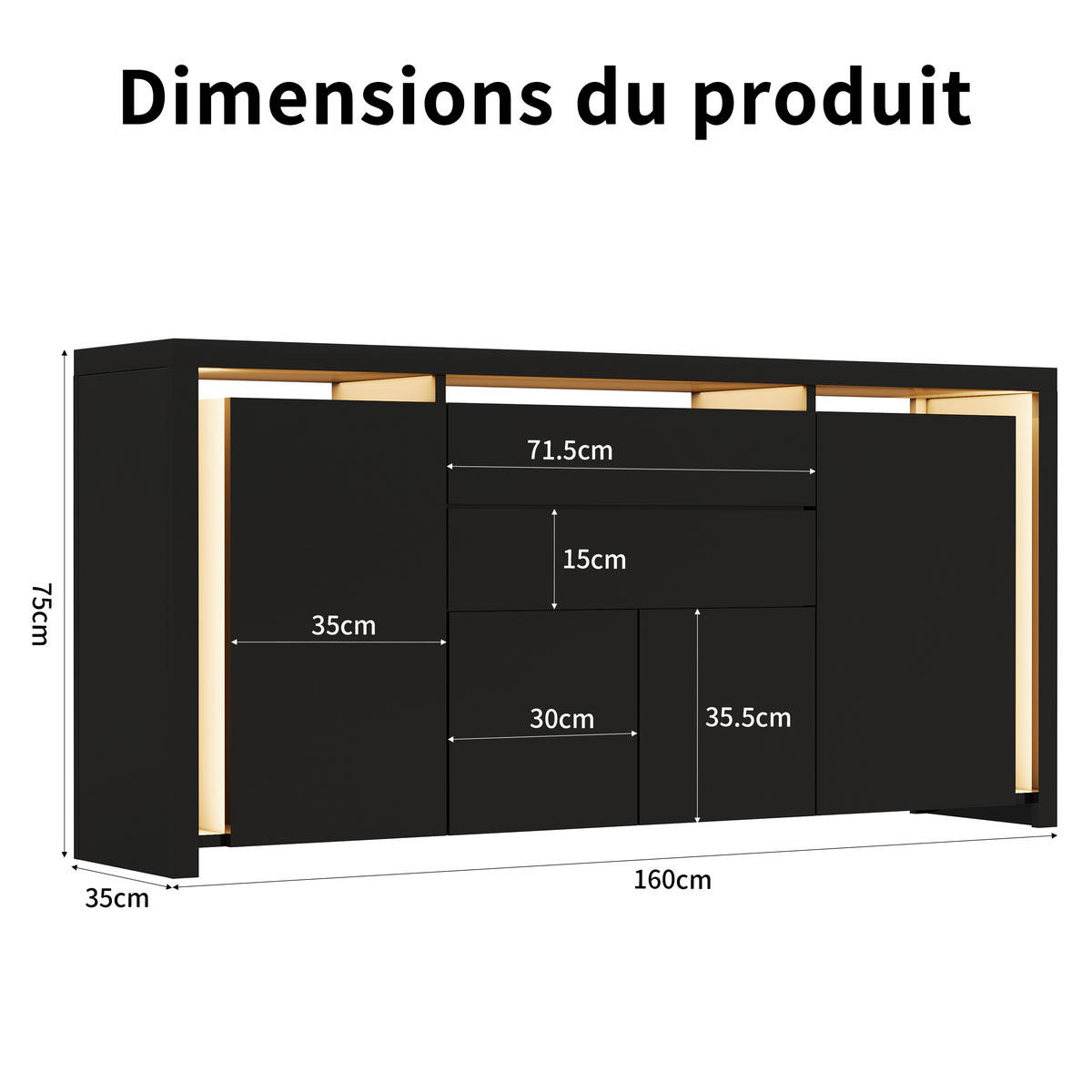 SIDEBOARD 160x35x75 cm 2 Schubladen 4 Türen LED schwarz - Schwarz, Holz (160/75/35cm) - Fortuna Lai