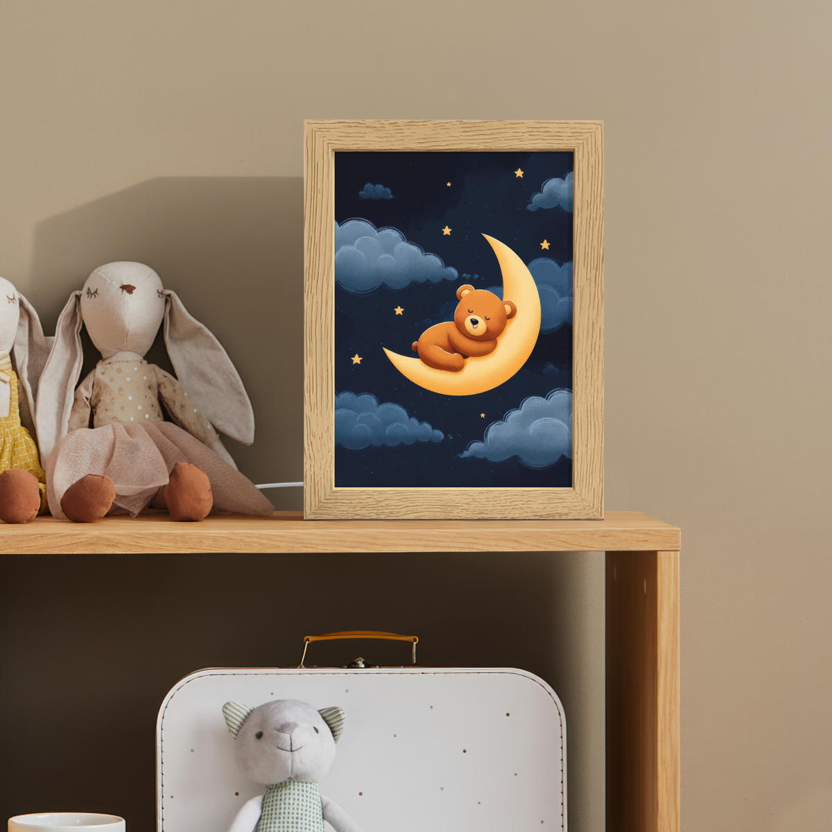 NACHTTISCHLAMPE Teddybär - Mond - Wolken - Sterne 15x20 cm - Dunkelblau, Holzwerkstoff (8/15/20cm)