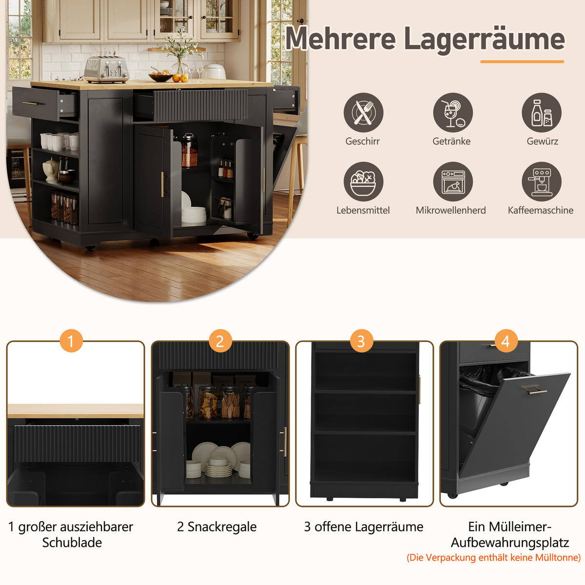 KÜCHENINSEL 120/50/92 cm schwarz aus MDF mit Rollen - Schwarz, Holzwerkstoff (120/92/50cm) - OKWISH