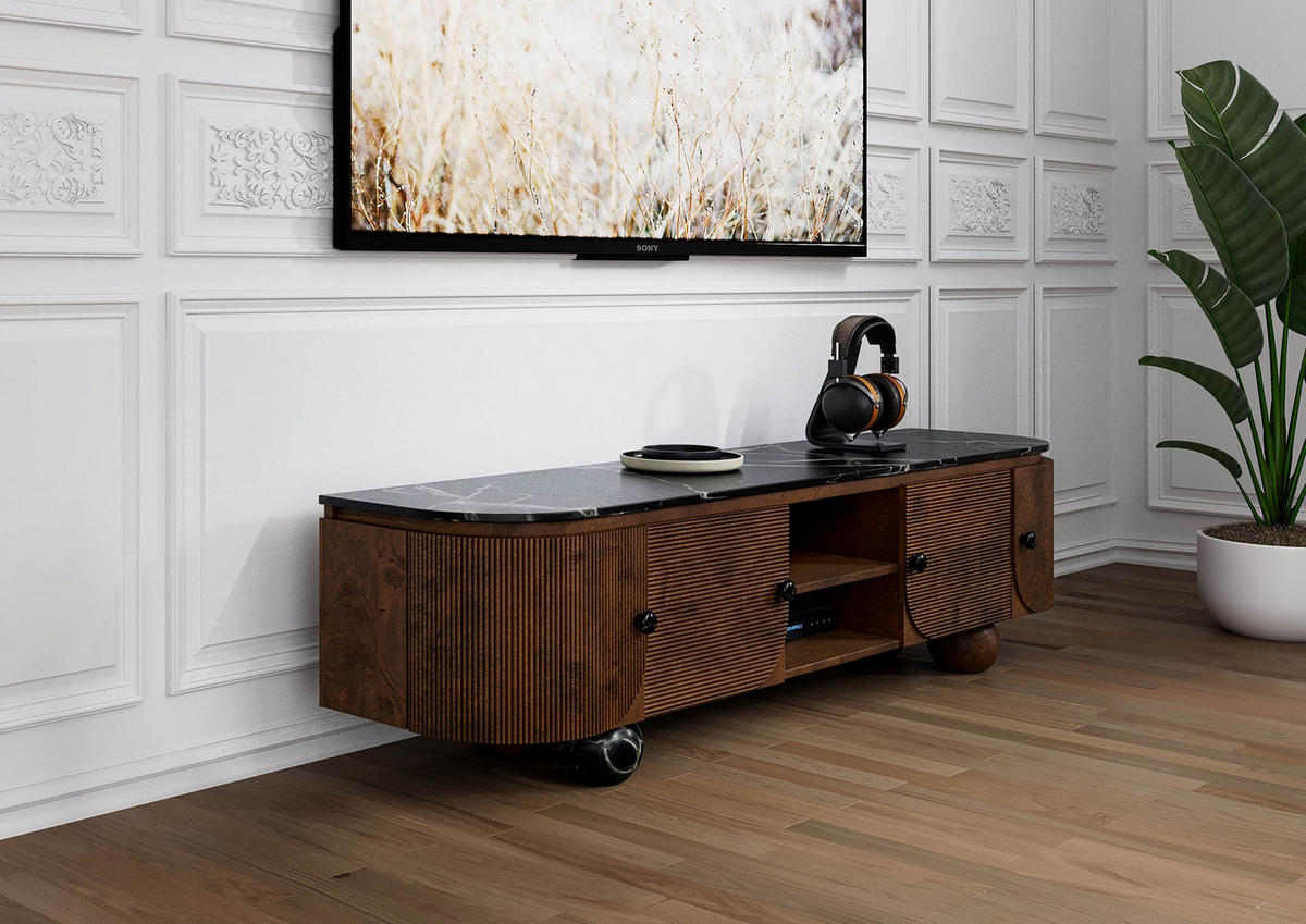 TV-BOARD Mango 180x40x50 dunkelbraun lackiert / Marmor schwarz FLORENZ #200 - Dunkelbraun, Holz (180/50/40cm) - Massivmoebel24