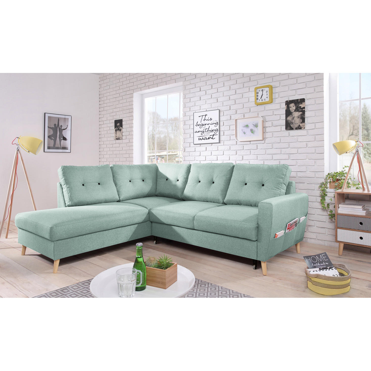 ECKSOFA mit Ottomane - Webstoff - Hellbraun/Mintgrün, Textil (230/200cm) - home24