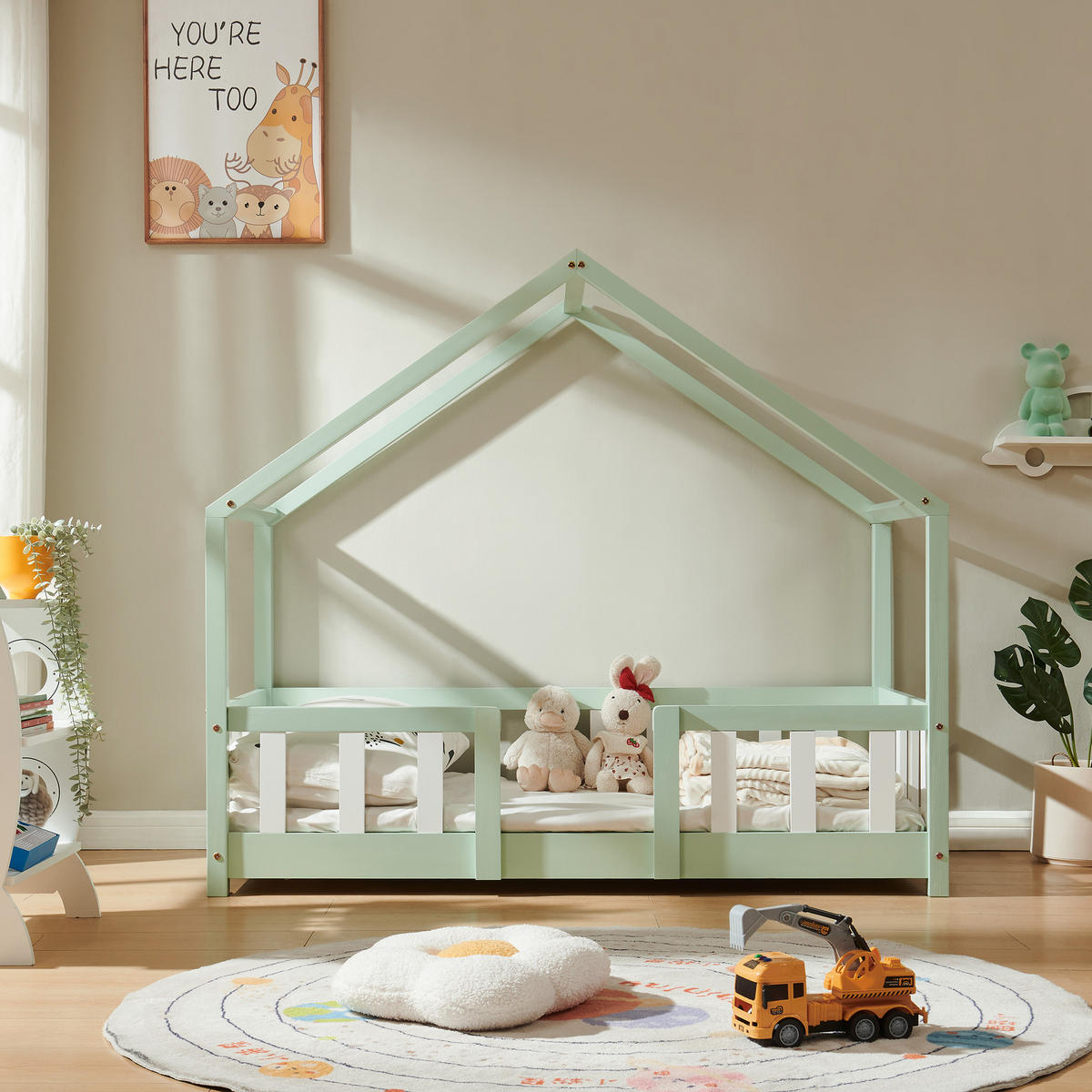 HAUSBETT Treviolo - Weiß/Mintgrün, Holz (70/140cm) - [en.casa]