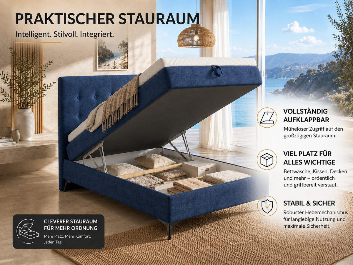 BOXBETT K15 Single SLIM mit Bettkasten & Bonell-Federkern ohne Topper - Dunkelblau, Holz/Textil (200/70cm) - Best For Home