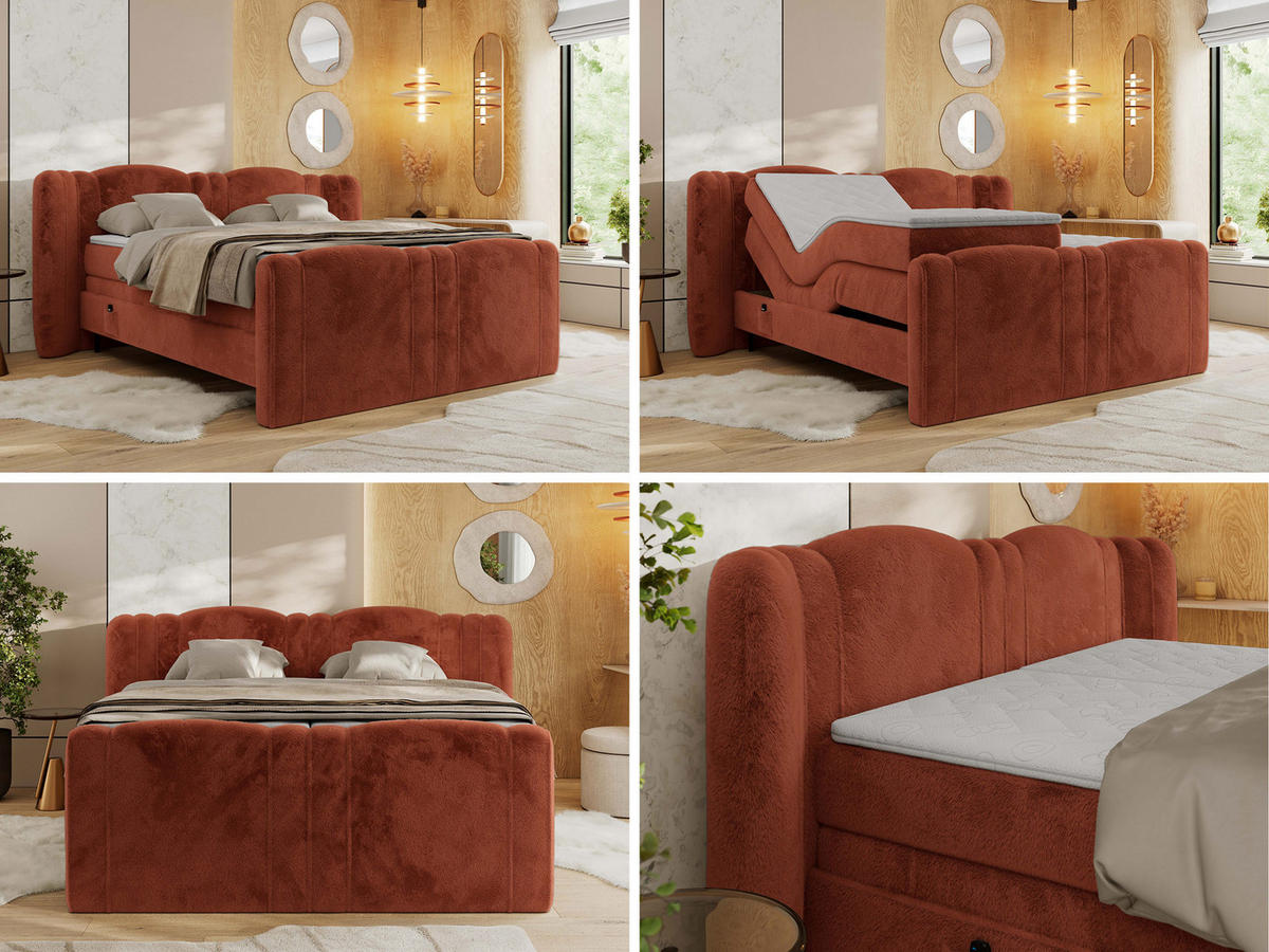 BOXBETT FORTINA 140/200 - Orange Plüsch - H4 - Orange, Holz/Textil (140/200cm) - MKS