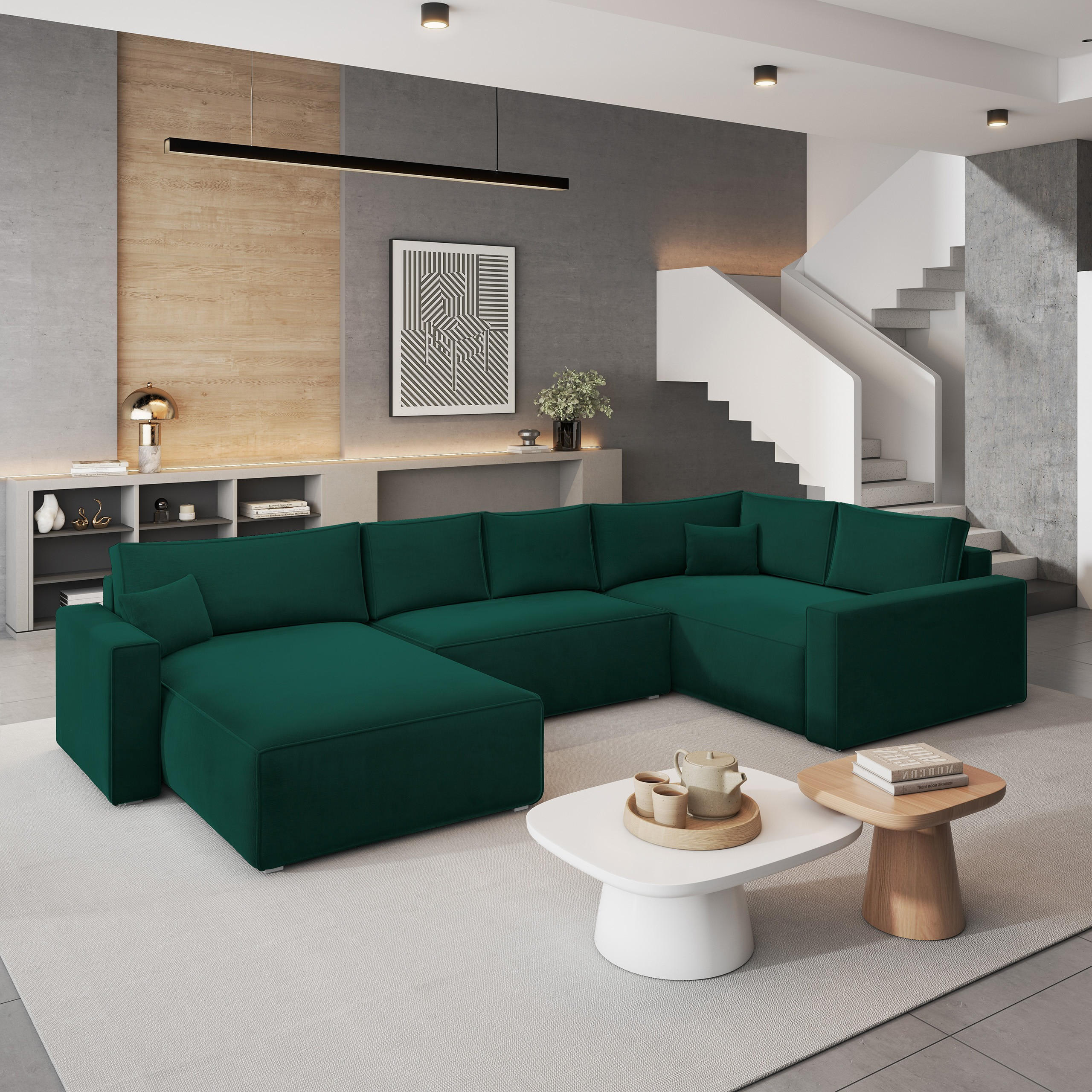 WOHNLANDSCHAFT VELAMI R-S Grün Velours-Stoff mit Schlaffunktion - Grün, Holz (365/83/194cm) - MASSENO