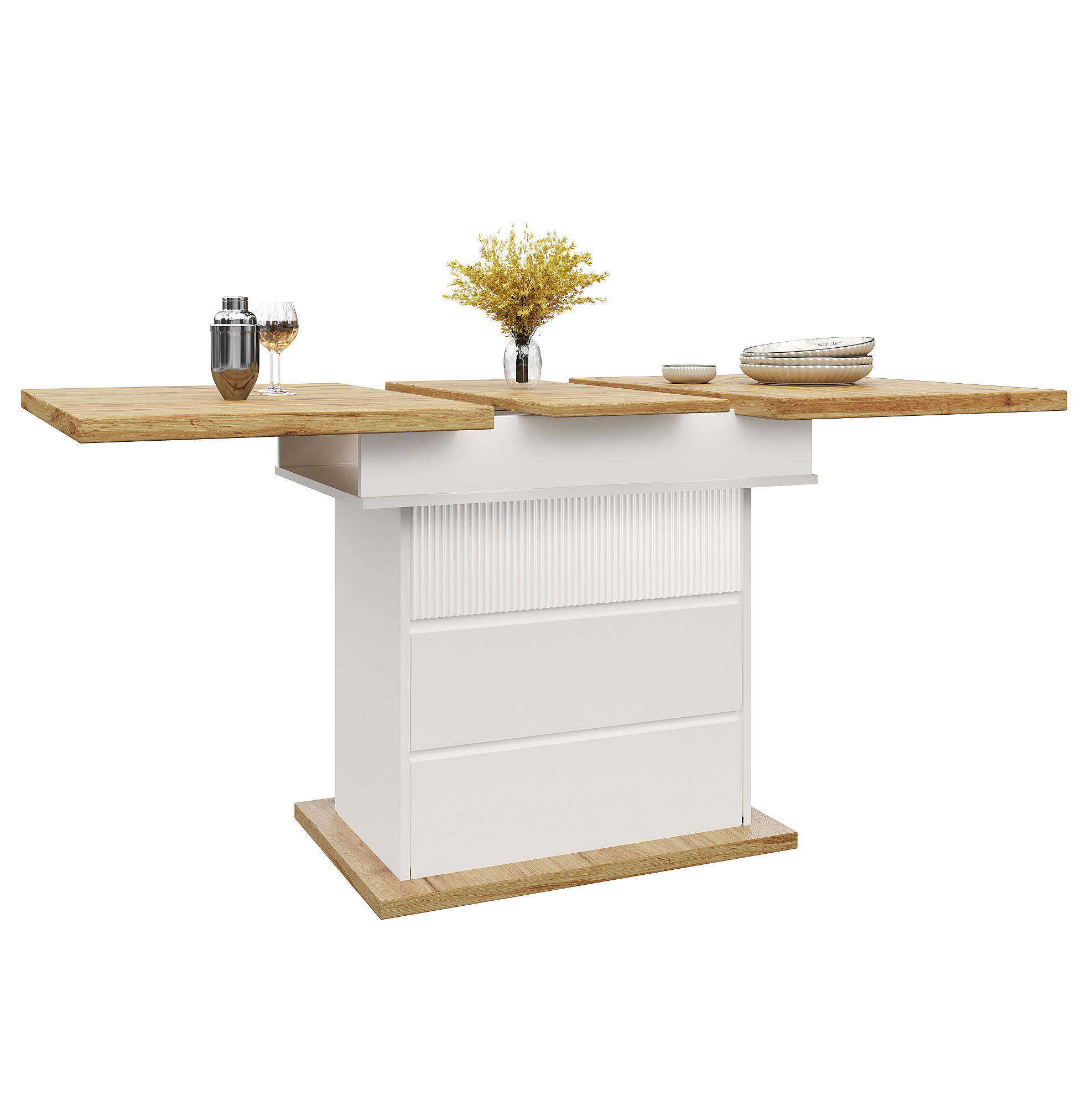 ESSTISCH aus MDF 110-140x80x75 cm Natur/Weiß ausziehbar mit Stauraum und Soft-Close-Klappe - Weiß, Holzwerkstoff (140/80/75cm) - Modfu