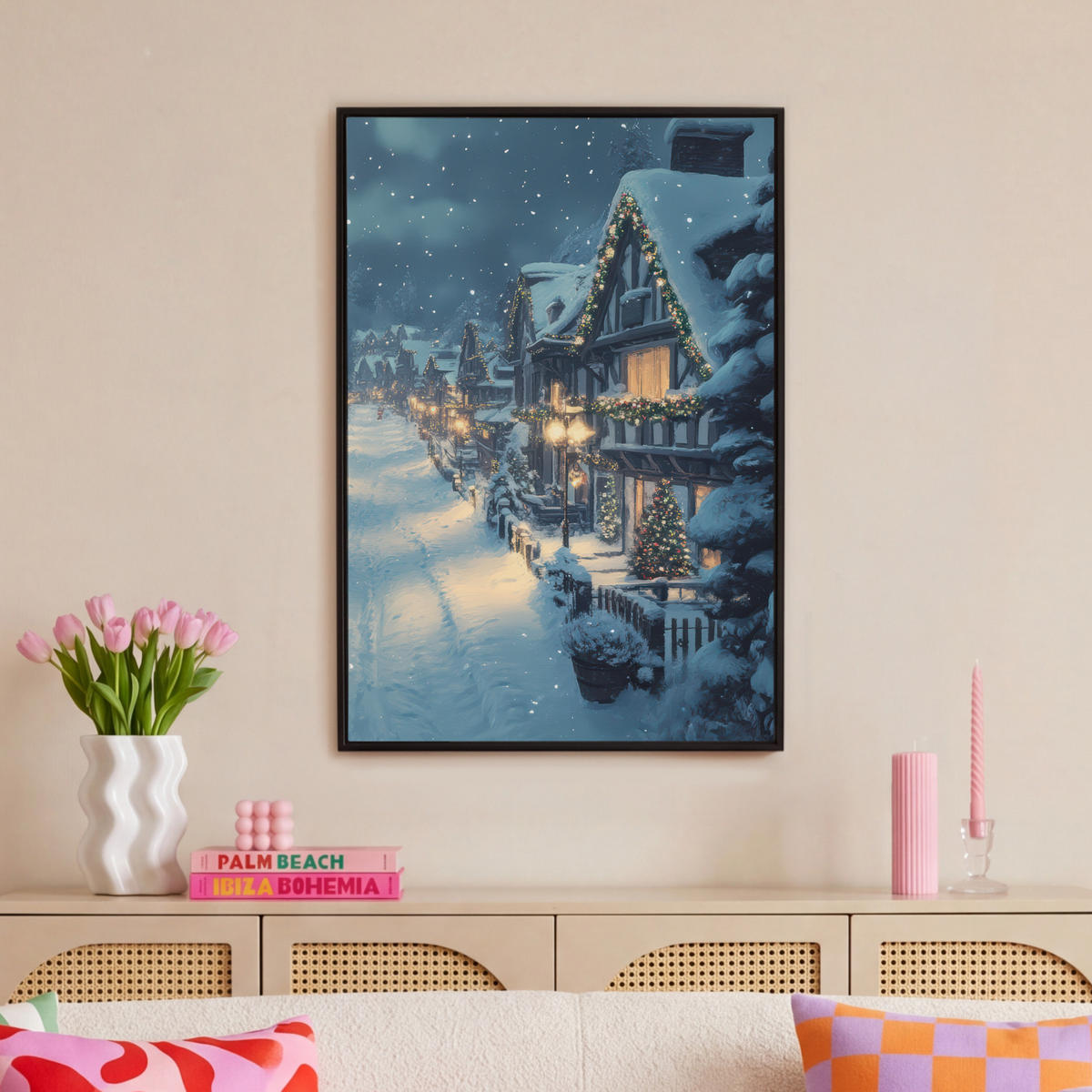 LEINWAND Bilder mit Rahmen - Weihnachtsdorf - Weihnachten - Schnee - Winter - 60x90 - Dunkelblau, Textil (60/90cm) - MuchoWow
