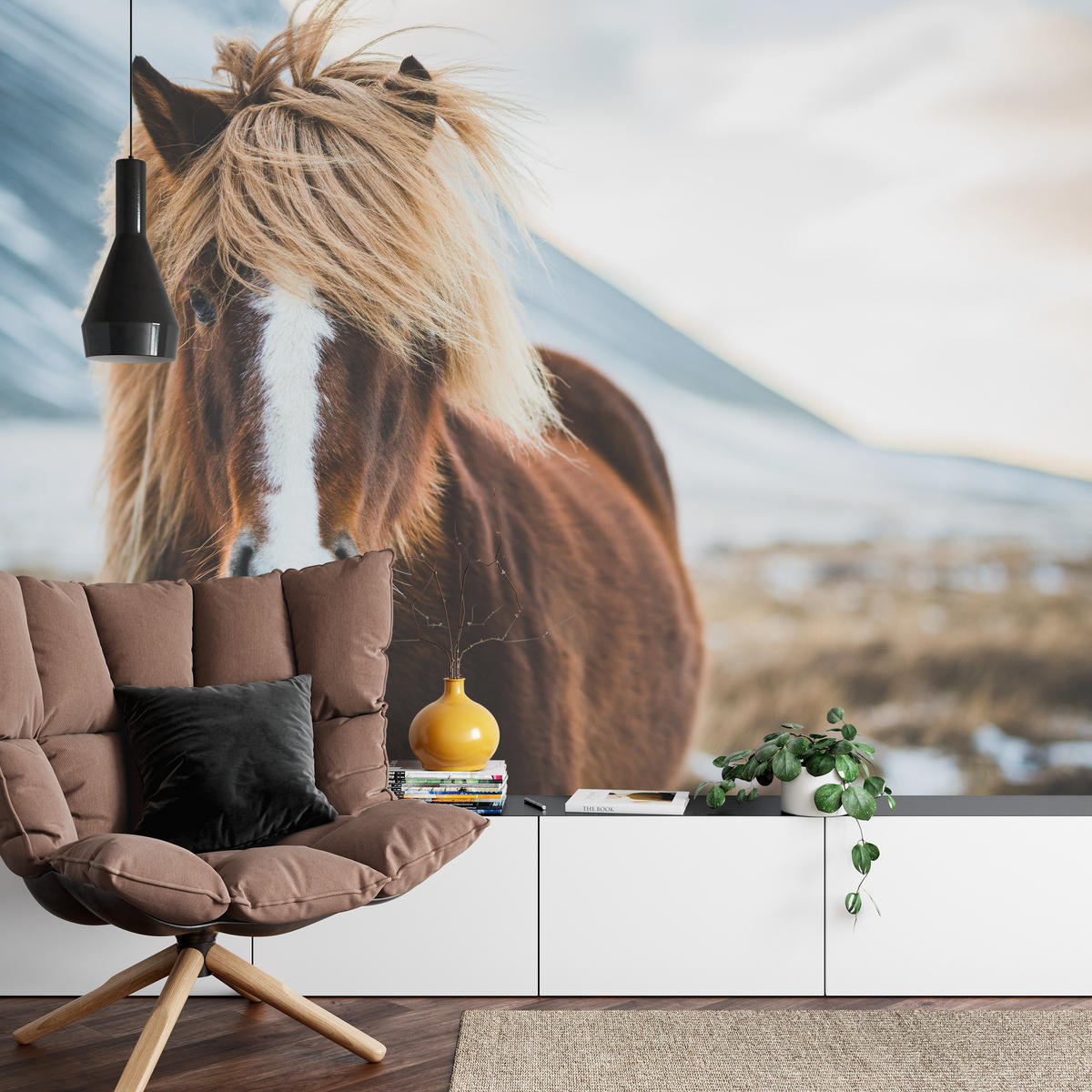 FOTOTAPETE für Schlafzimmer Isländisches Wildpferd Portrait Wiese 200x140 - Beige/Braun, Papier (200/140cm) - Muralo