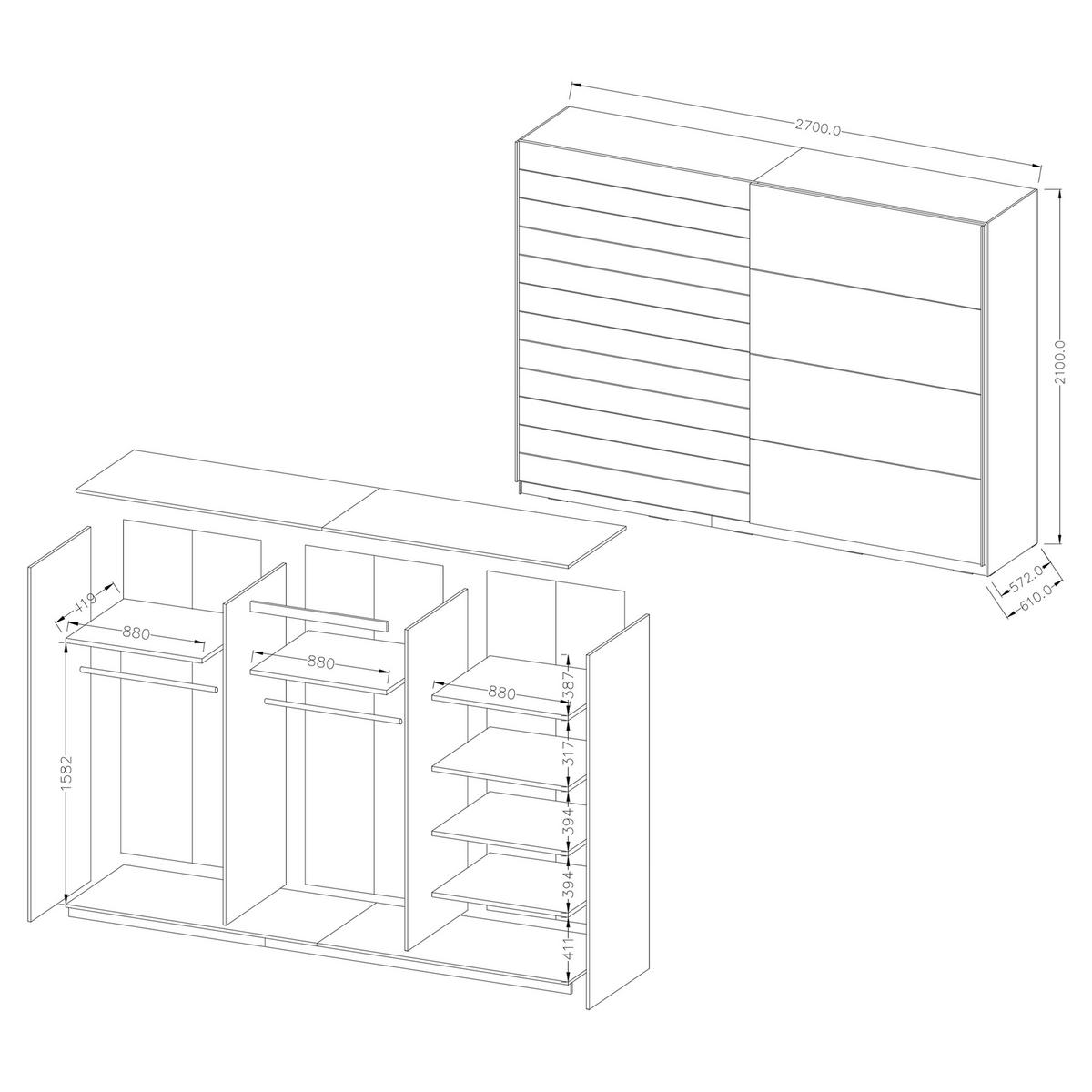 SCHWEBETÜRENSCHRANK GALASSIA 270/210/61 cm 2-türig Weiß - Eichefarben/Weiß, Holzwerkstoff (270/210/61cm) - MASSENO