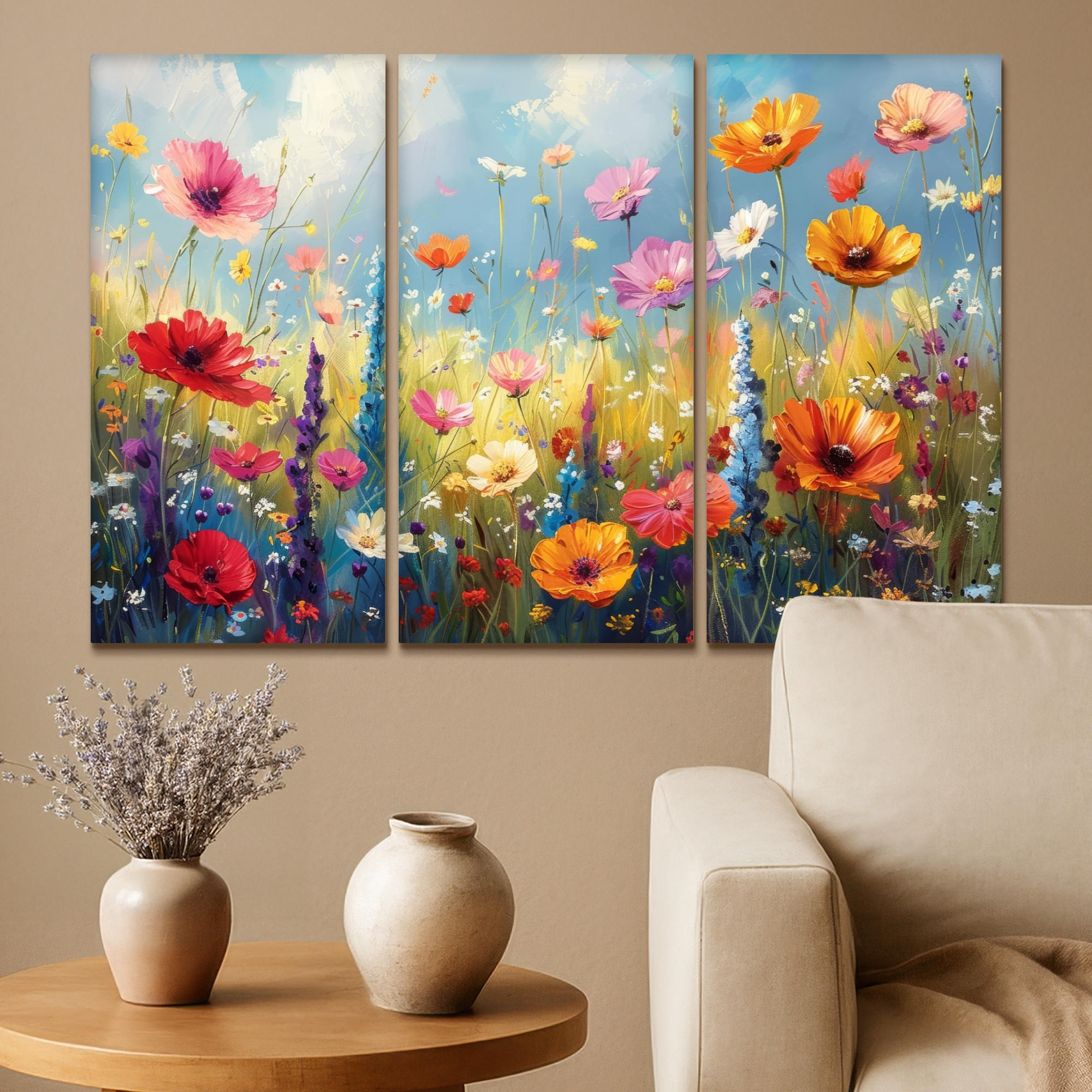 LEINWANDBILD 3er Set Blumen - Frühling - Farbenfroh - Sommerlich 90x60 cm - Orange, Textil (90/60cm) - MuchoWow