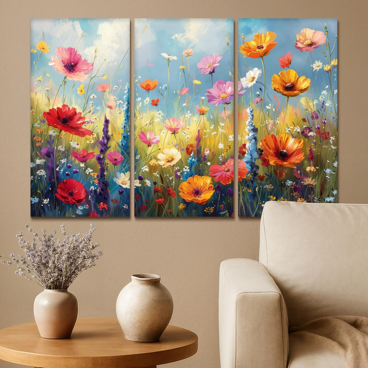 LEINWANDBILD 3er Set Blumen - Frühling - Farbenfroh - Sommerlich 90x60 cm - Orange, Textil (90/60cm) - MuchoWow