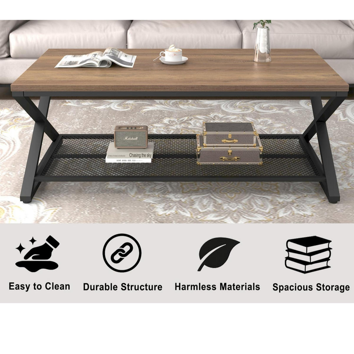 COUCHTISCH Holz Metall Industrial mit Ablage 120 x 60 x 45 cm - Walnussfarben, Holzwerkstoff/Metall (60/120/45cm) - Quality Elegance