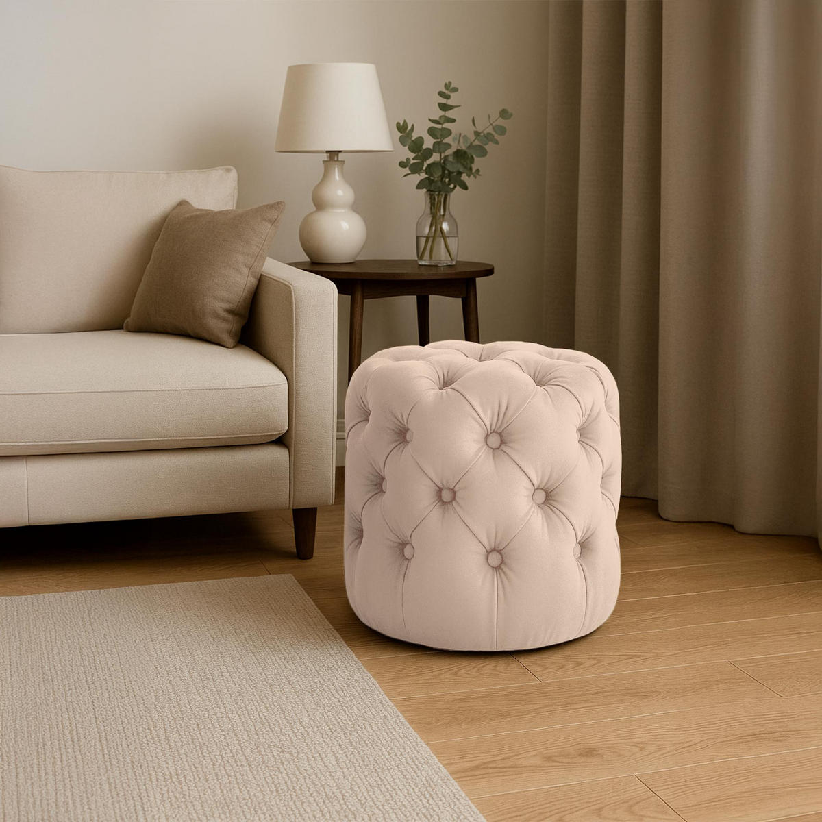 SITZPOUF rund Samt Creme - Eukalyptusholzfarben/Creme, Holz/Textil (42/46/42cm) - CLP