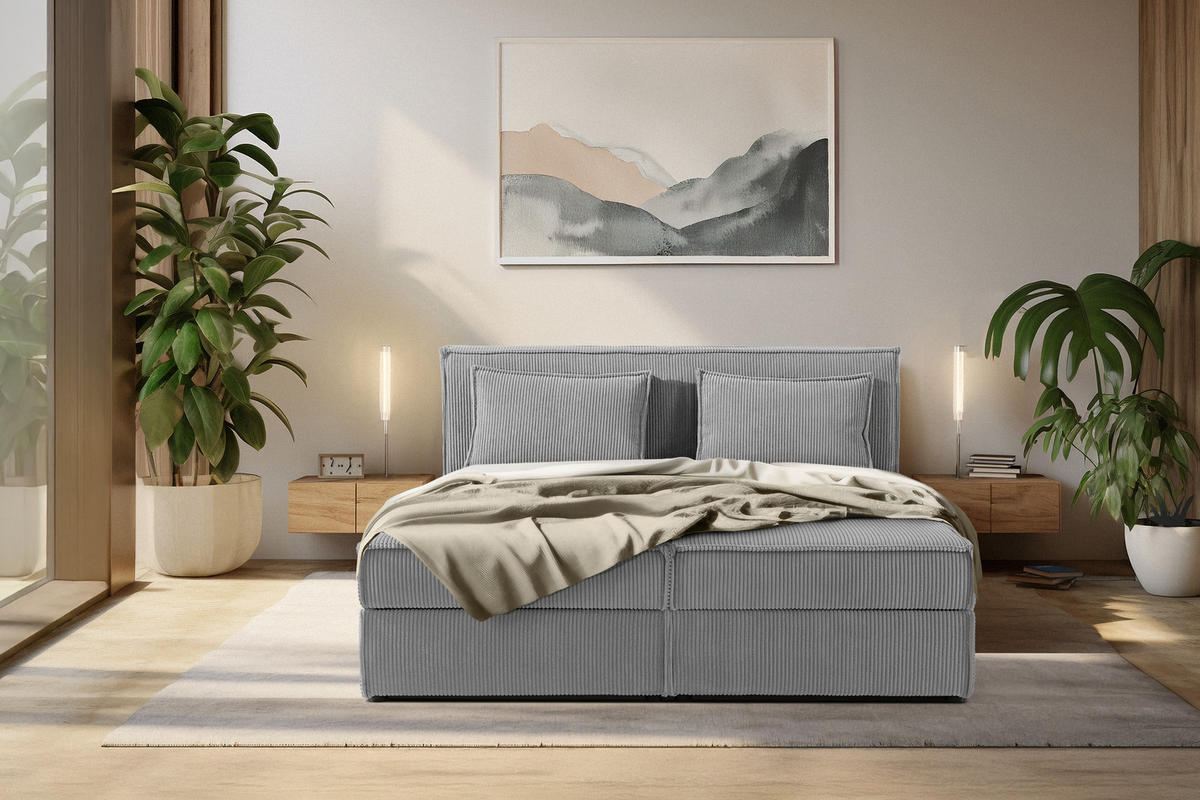 BOXSPRINGBETT ROTI mit Stauraum, hellgrau - Hellgrau/Schwarz, Holz/Holzwerkstoff (160/200cm) - KONSIMO®