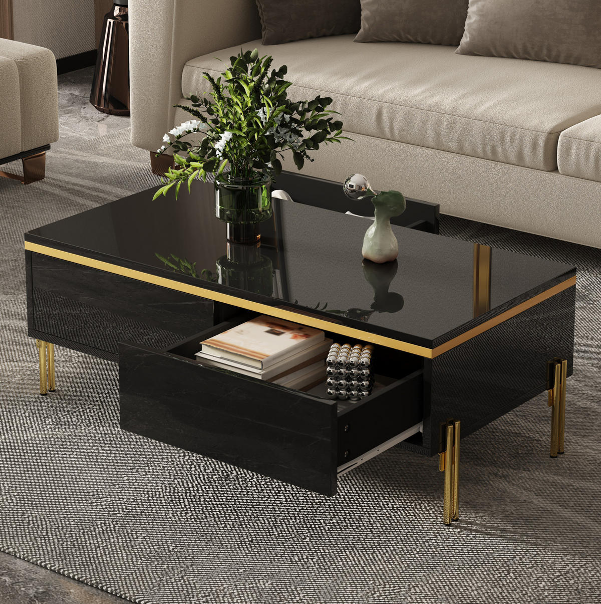 COUCHTISCH mit 2 Schubladen 100 x 50 cm Schwarz Hochglanz - Schwarz, Holzwerkstoff (100/50/36cm) - Meubliv
