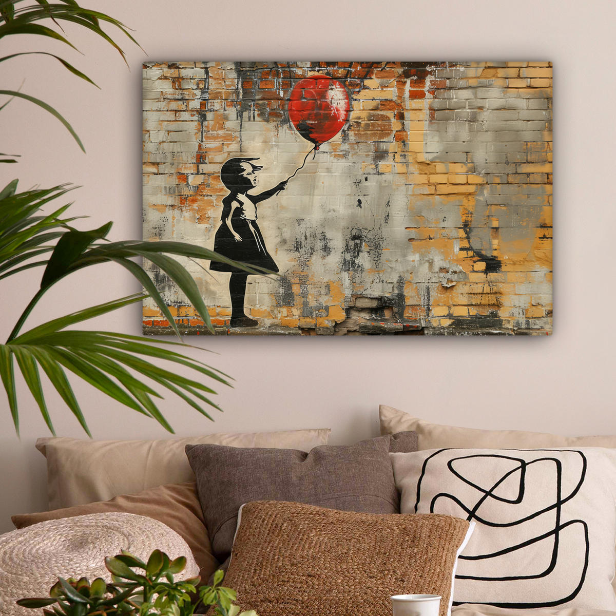 LEINWANDBILD Graffiti - Banksy - Mädchen - Straßenkunst Wanddeko 90x60 cm - Sandfarben, Textil (90/60cm) - MuchoWow