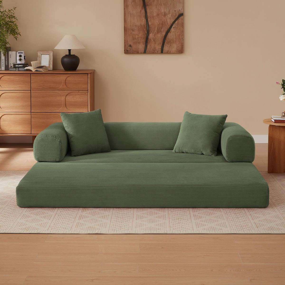 SCHLAFSOFA aus Cord in Grün 2-in-1 Funktion & zum Gästebett klappbar - Grün, Textil (89/59/195cm) - Urban Meuble
