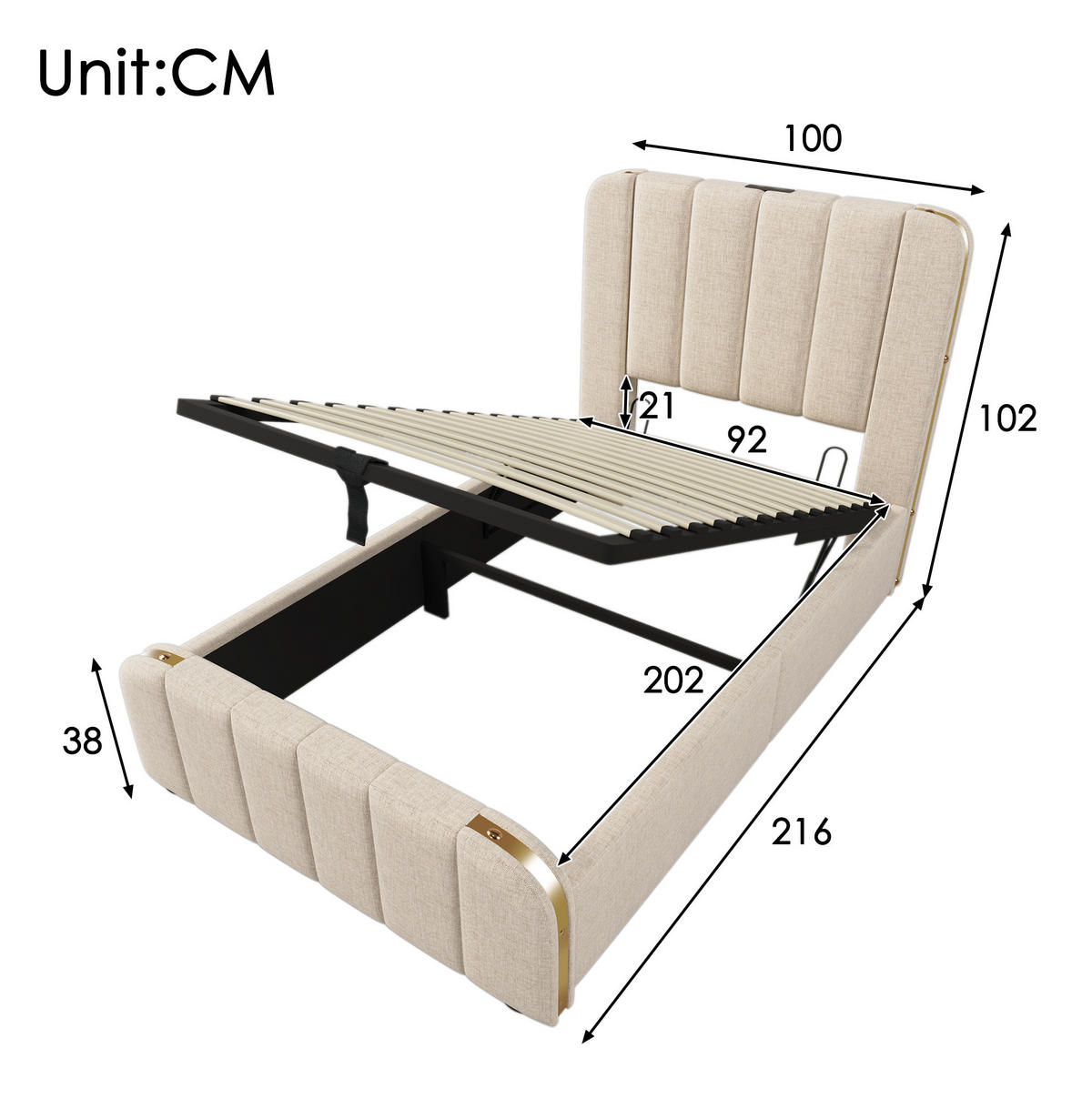 BETT mit Stauraum und Matratze 90x200 cm Beige Leinen - Beige, Metall (90/200cm) - Meubliv