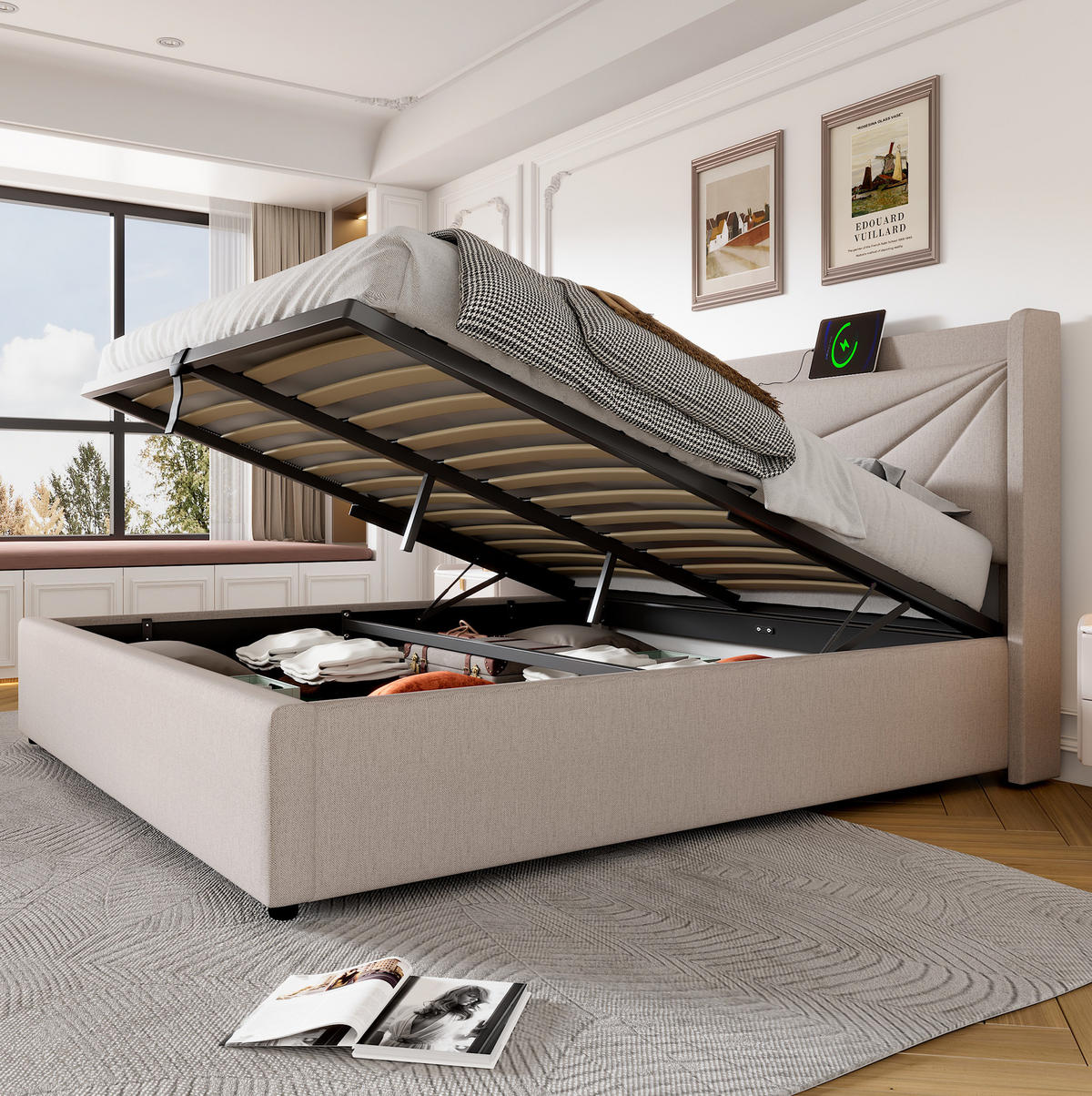 POLSTERBETT mit Bettkasten und USB/Typ-C 140x200 cm Beige inkl. Lattenrost - Beige, Metall (140/200cm) - Meubliv