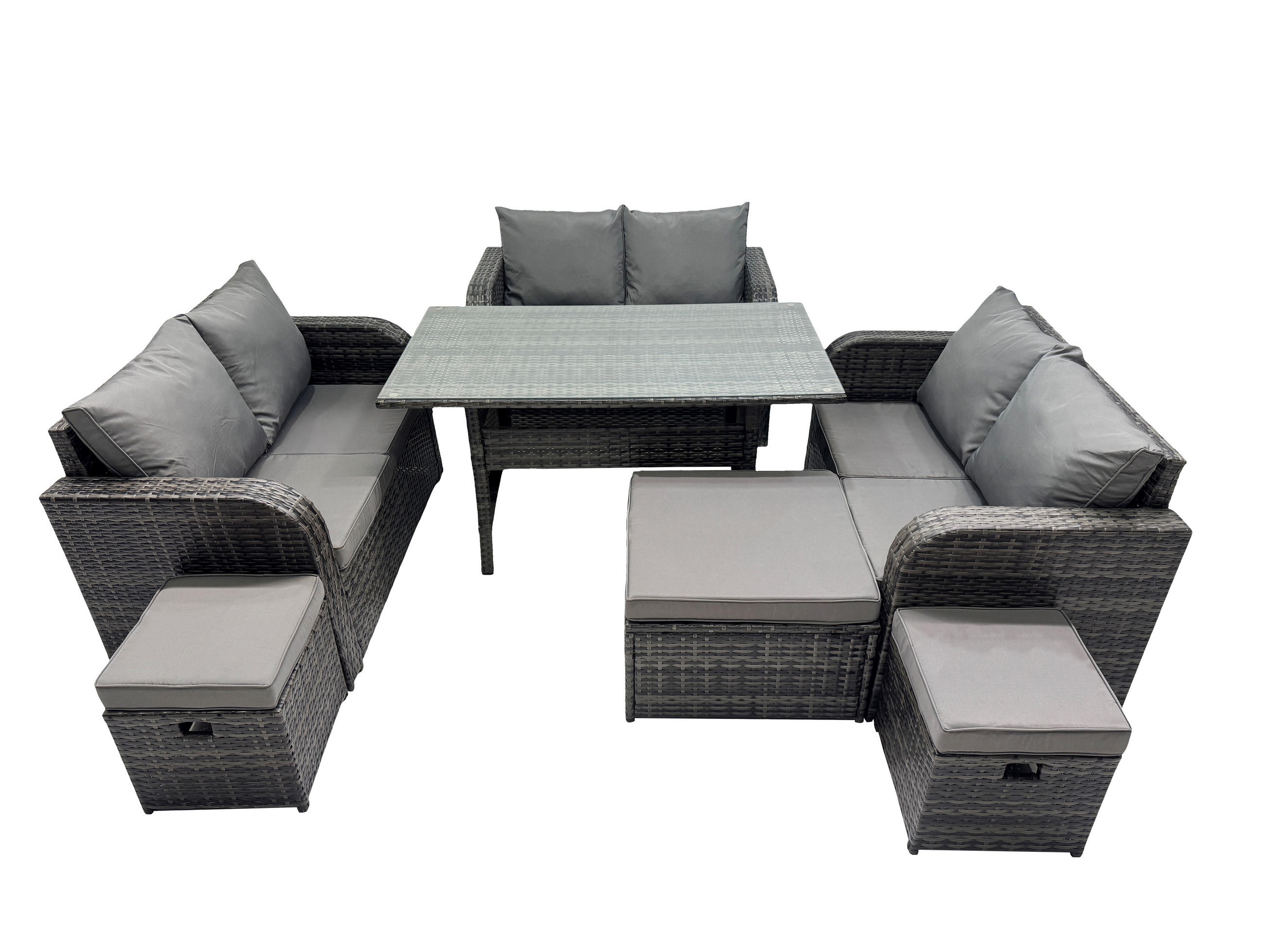 SITZGRUPPE mit Esstisch,Zweisitzer,3 Hockern Polyrattan 9-Sitzer - Dunkelgrau/Grau, Glas/Kunststoff - Fimous