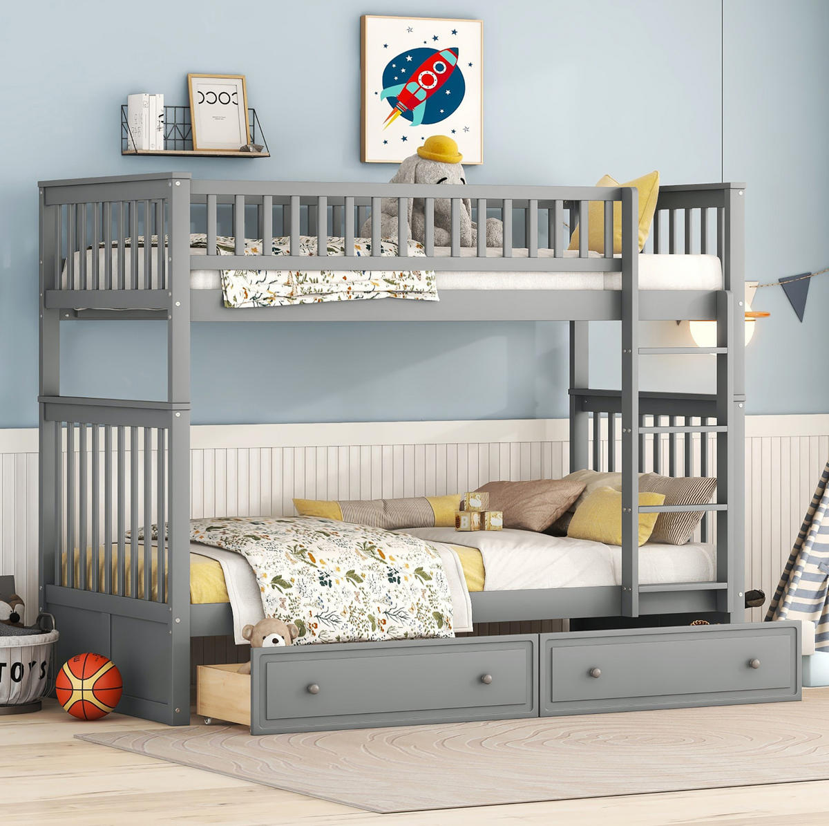 ETAGENBETT 90/200 cm mit 2 Schubladen und Umbaufunktion zu 2 Einzelbetten, Kiefer/MDF, Grau - Grau, Holzwerkstoff (90/200cm) - Redom