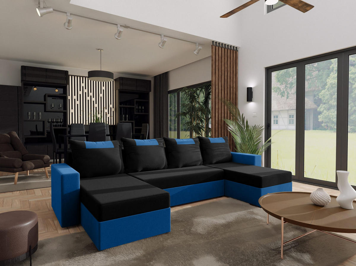 WOHNLANDSCHAFT mit Schlaffunktion Radlach, Schwarz+Dunkelblau - Dunkelblau, Textil (298/85/207cm) - Fedve