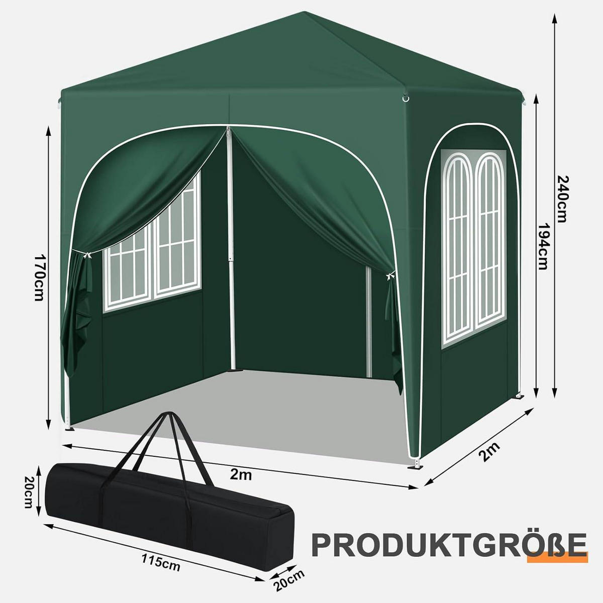 PAVILLON 2x2m mit 4 abnehmbaren Wänden, 3-stufig Höhenverstellbar - Grün, Metall (200/240/200cm) - Woltu