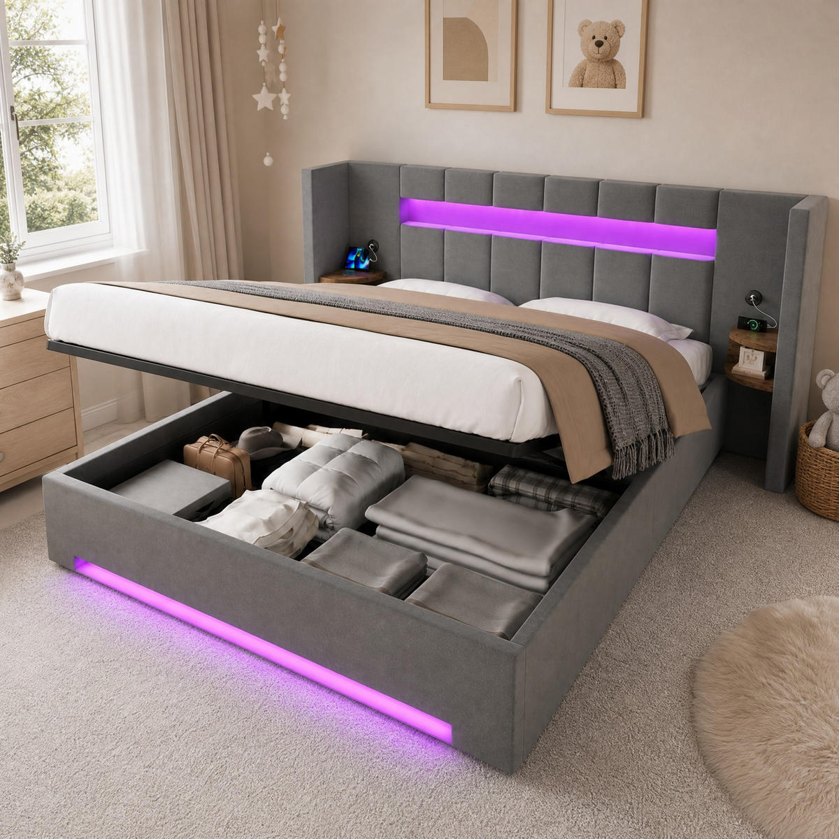 ČALOUNĚNÁ POSTEL 160/200 cm v tmavě šedé barvě s úložným prostorem, LED a USB - tmavě šedá, kov/kompozitní dřevo (160/200cm) - CHICFURN
