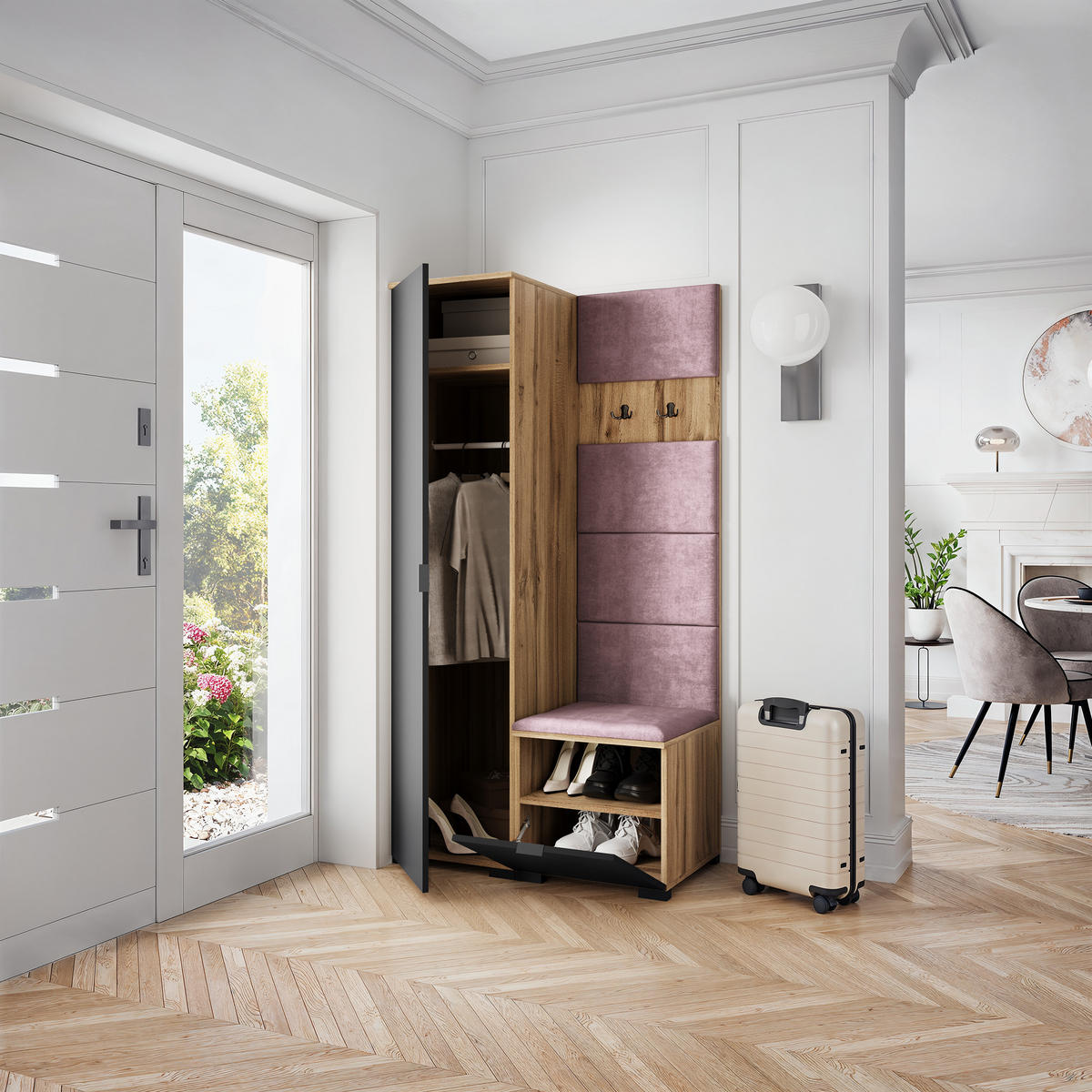 GARDEROBENSCHRANK LORI 95/181/51 cm Modern Garderobe-Set Eiche Wotan - Eiche Wotan/Lila, Holzwerkstoff (95/181/51cm) - MASSENO