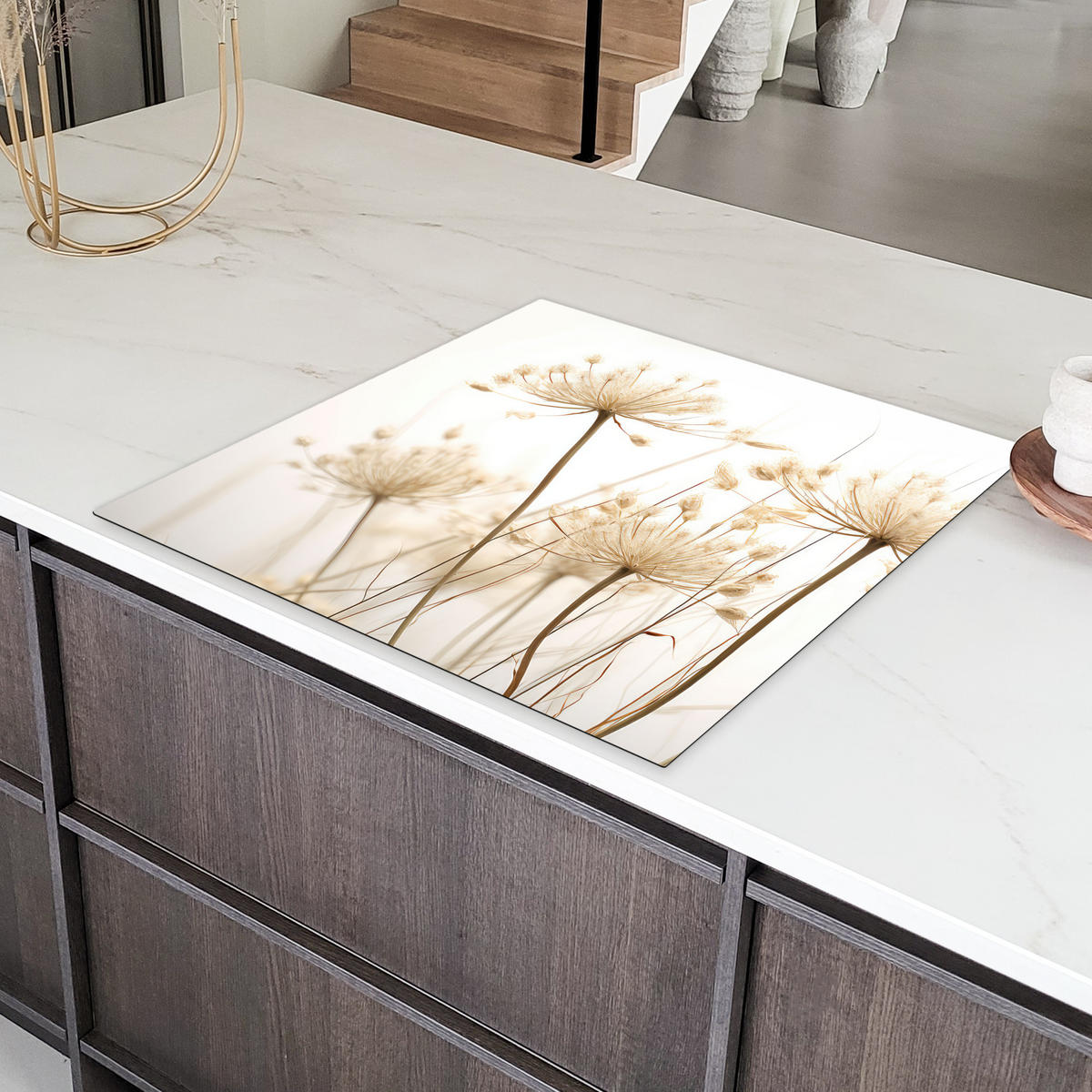 HERDABDECKPLATTE Blumen - Weiß - Sonnenlicht Induktionsmatte 78x78 cm - Ecru, Kunststoff (78/78/0.2cm) - MuchoWow