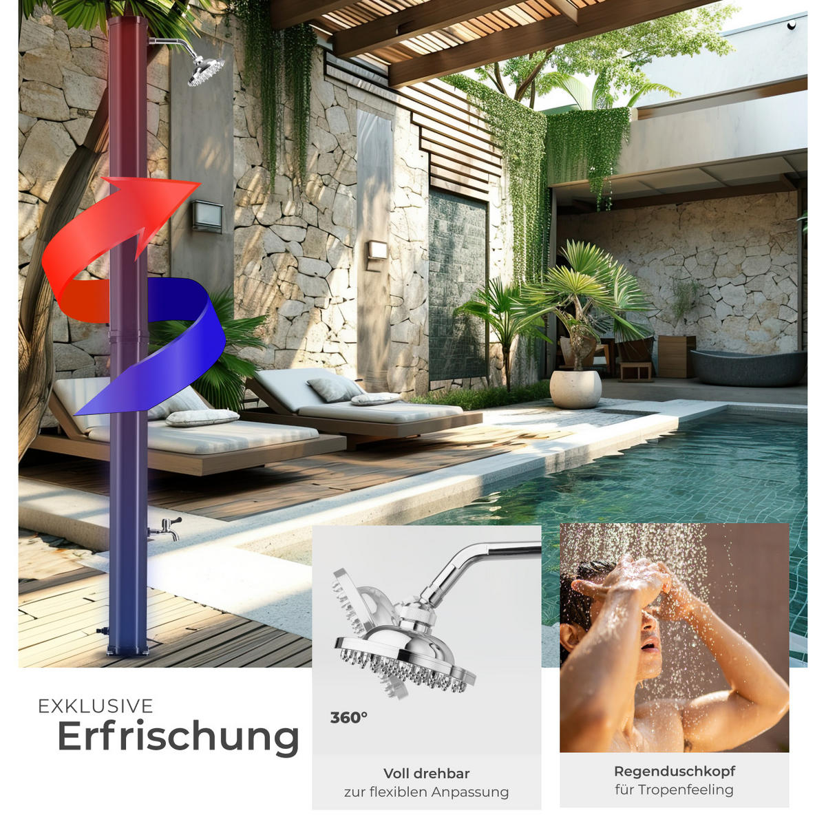 SOLARDUSCHE Ofanto,inklusive Wasserhahn,schwarz - Schwarz, Kunststoff (18/217/44.5cm) - tectake