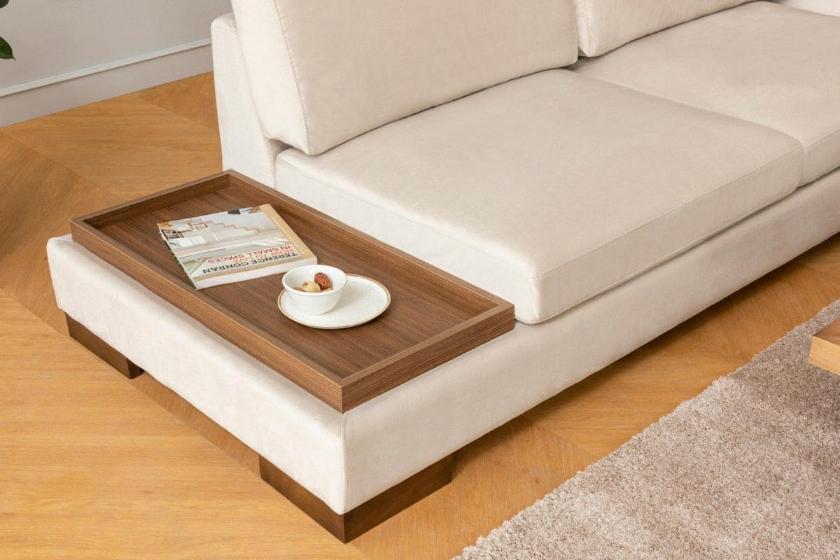 ECKSOFA mit Hocker und Lounge-Design - Beige/Walnussfarben, Holz/Textil (193/313cm) - myHomelando
