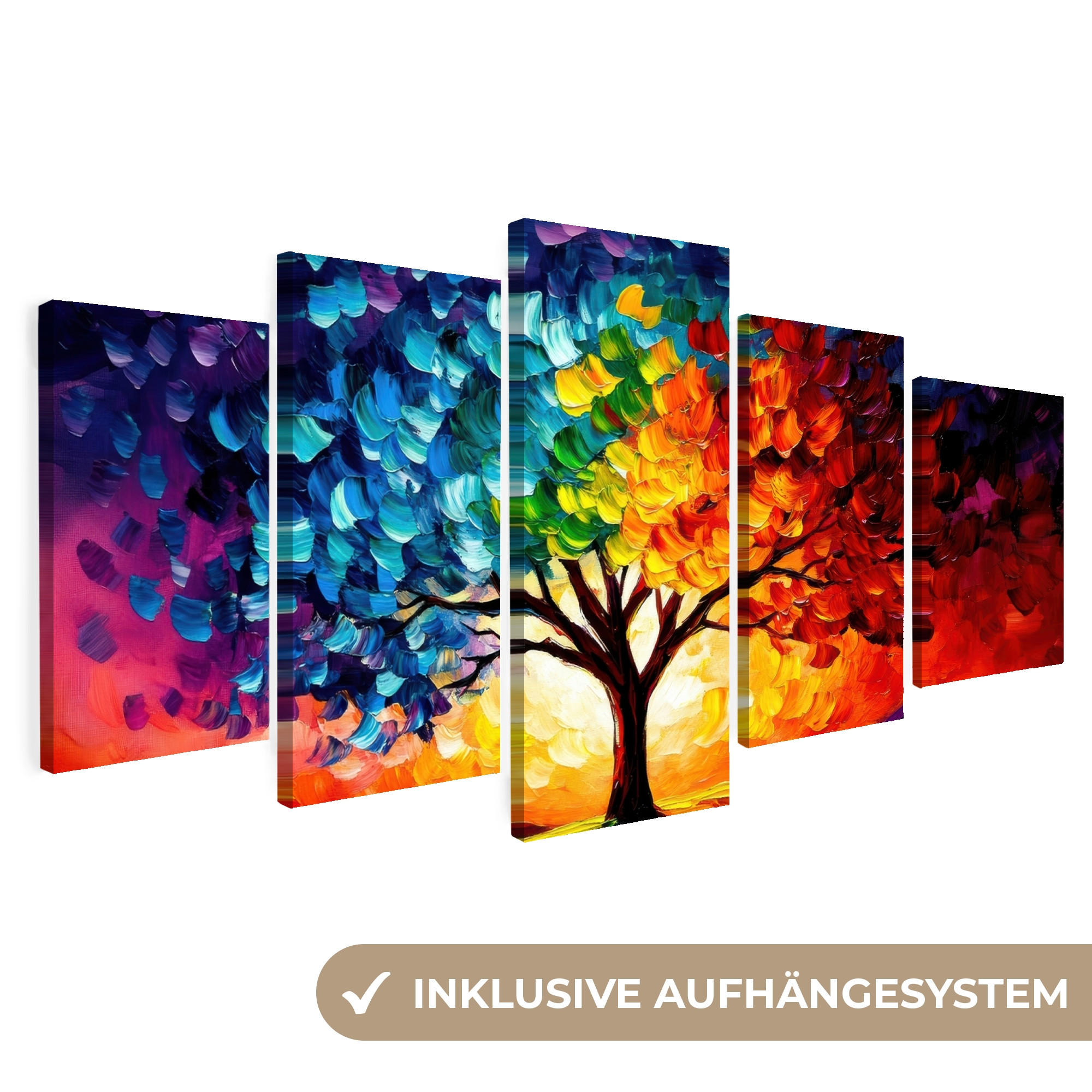 LEINWANDBILD 5er Set Baum - Farbenfroh - Malerei-Look - Abstrakt 200x100 cm - Multicolor, Textil (200/100cm) - MuchoWow