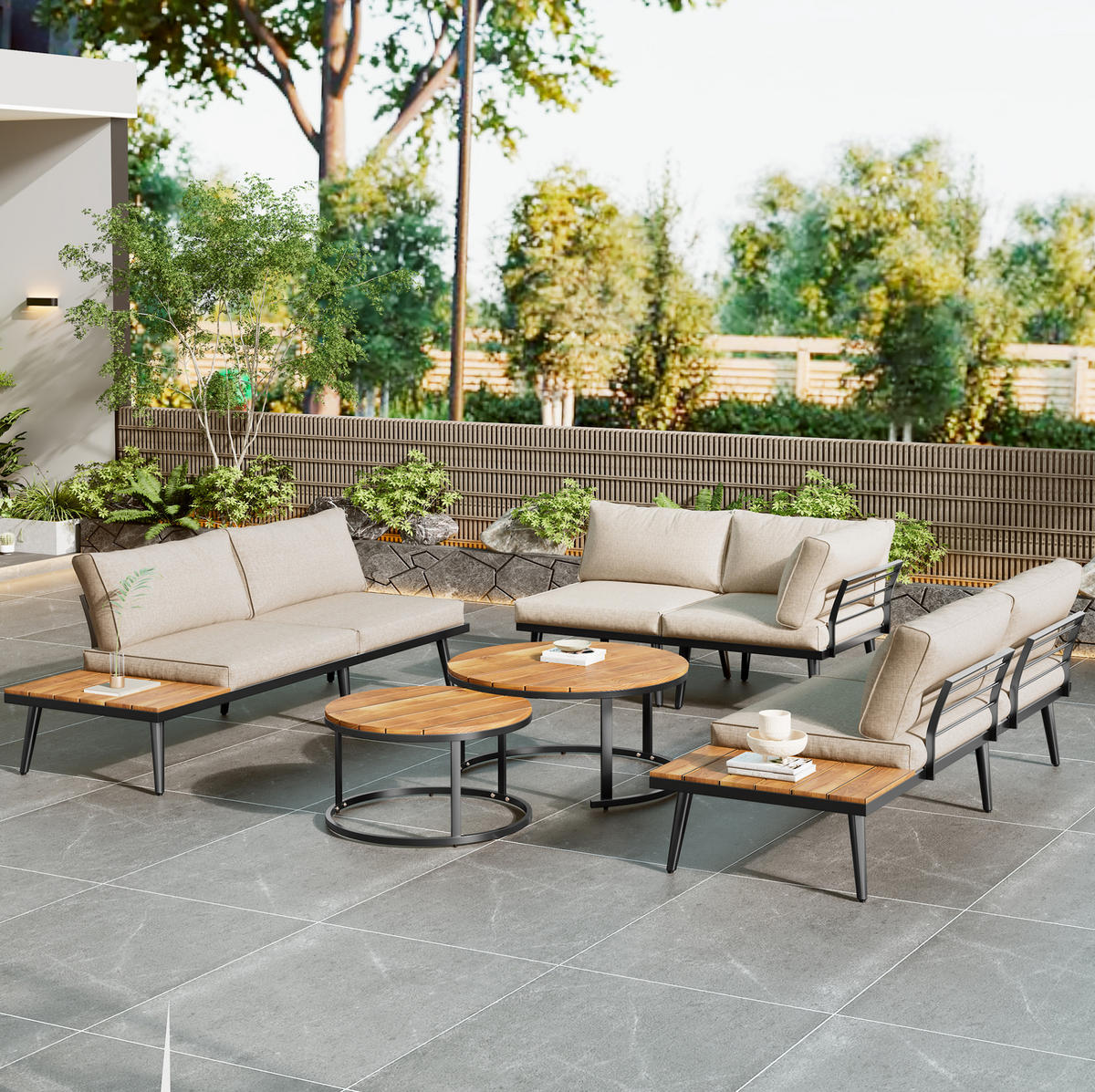 GARTEN-LOUNGESET 160/64/75 cm, 6-teilig mit modularer Stellvariante, Kissen und verzinktem Eisen, Beige - Beige, Metall - Redom