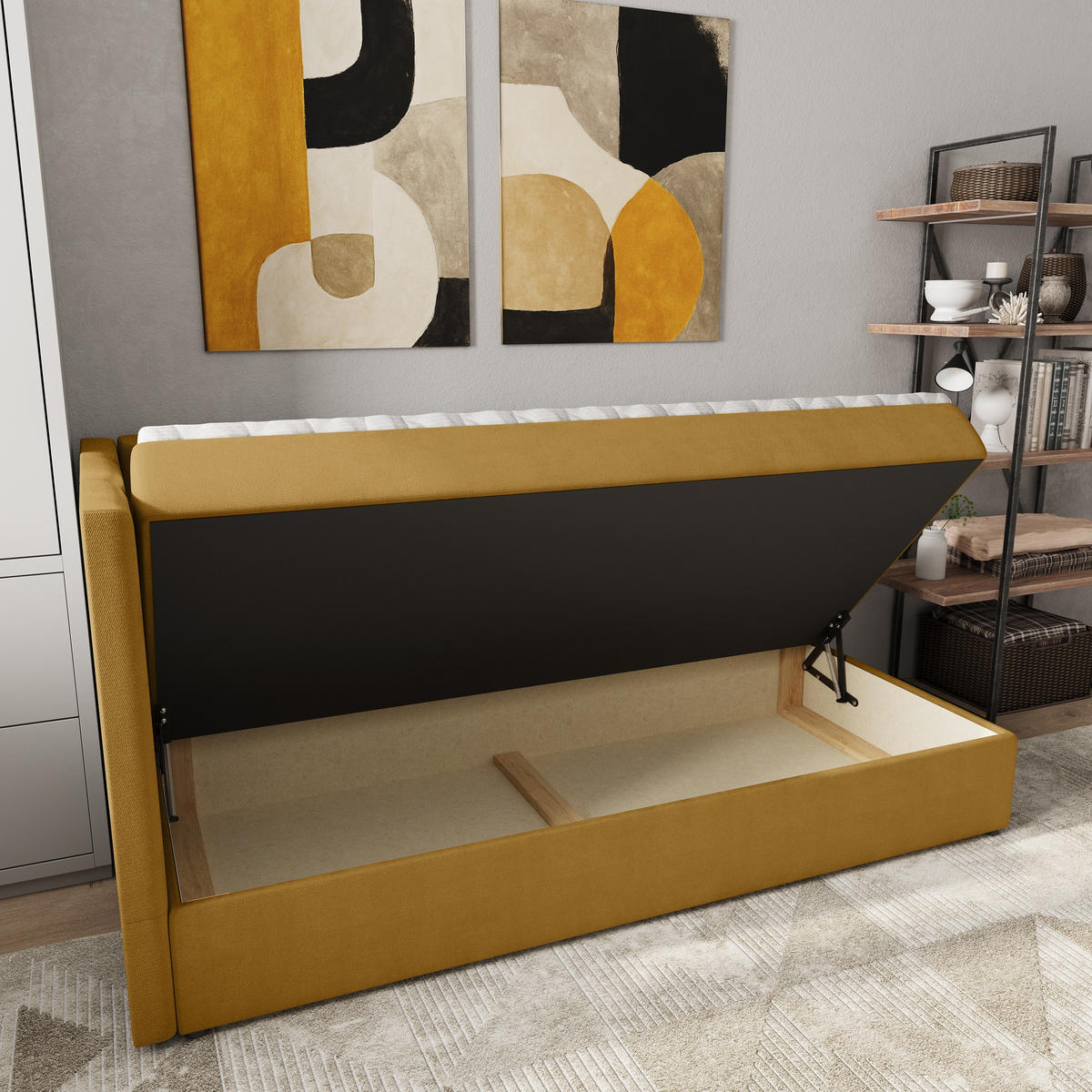 BOXBETT BEVE 100x200 cm mit Matratze und Topper, H2+H3 - Gelb - Gelb, Holz (100/200cm) - MASSENO